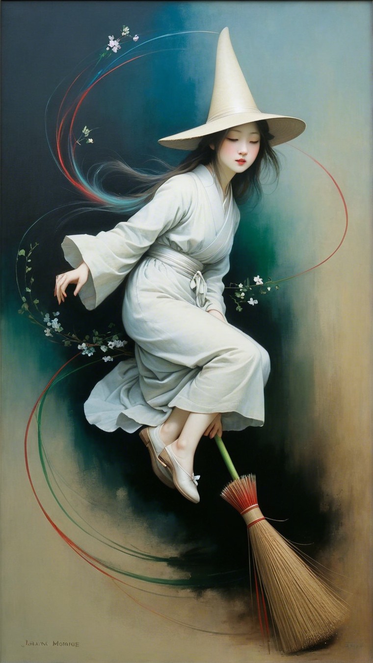 Serene Young Woman in Kimono Riding a Broomstick