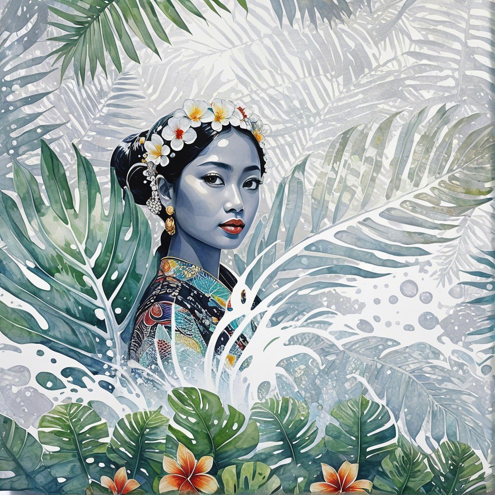 Serene Young Woman Surrounded by Tropical Foliage