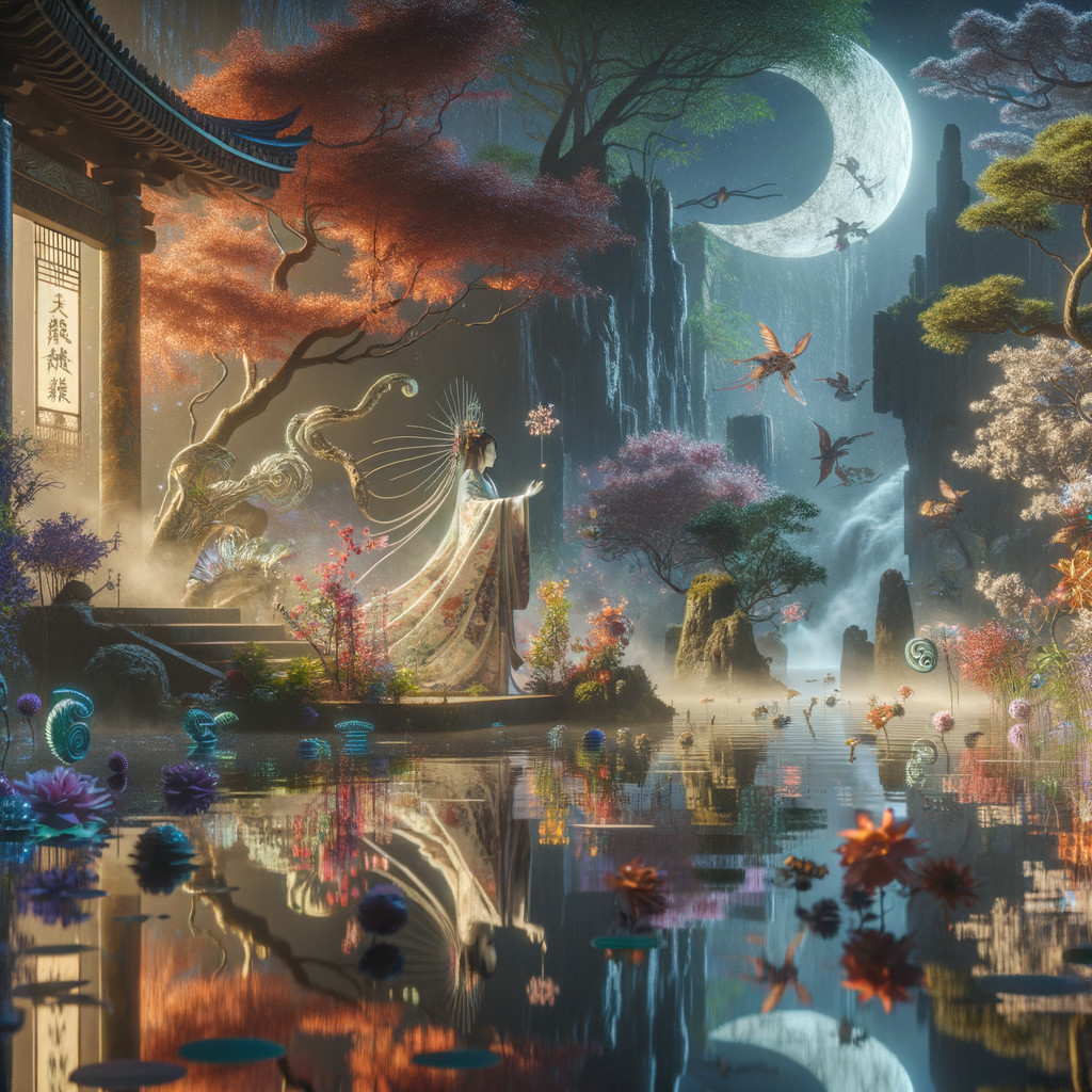 Serene Dreamlike Landscape with Ornate Structure