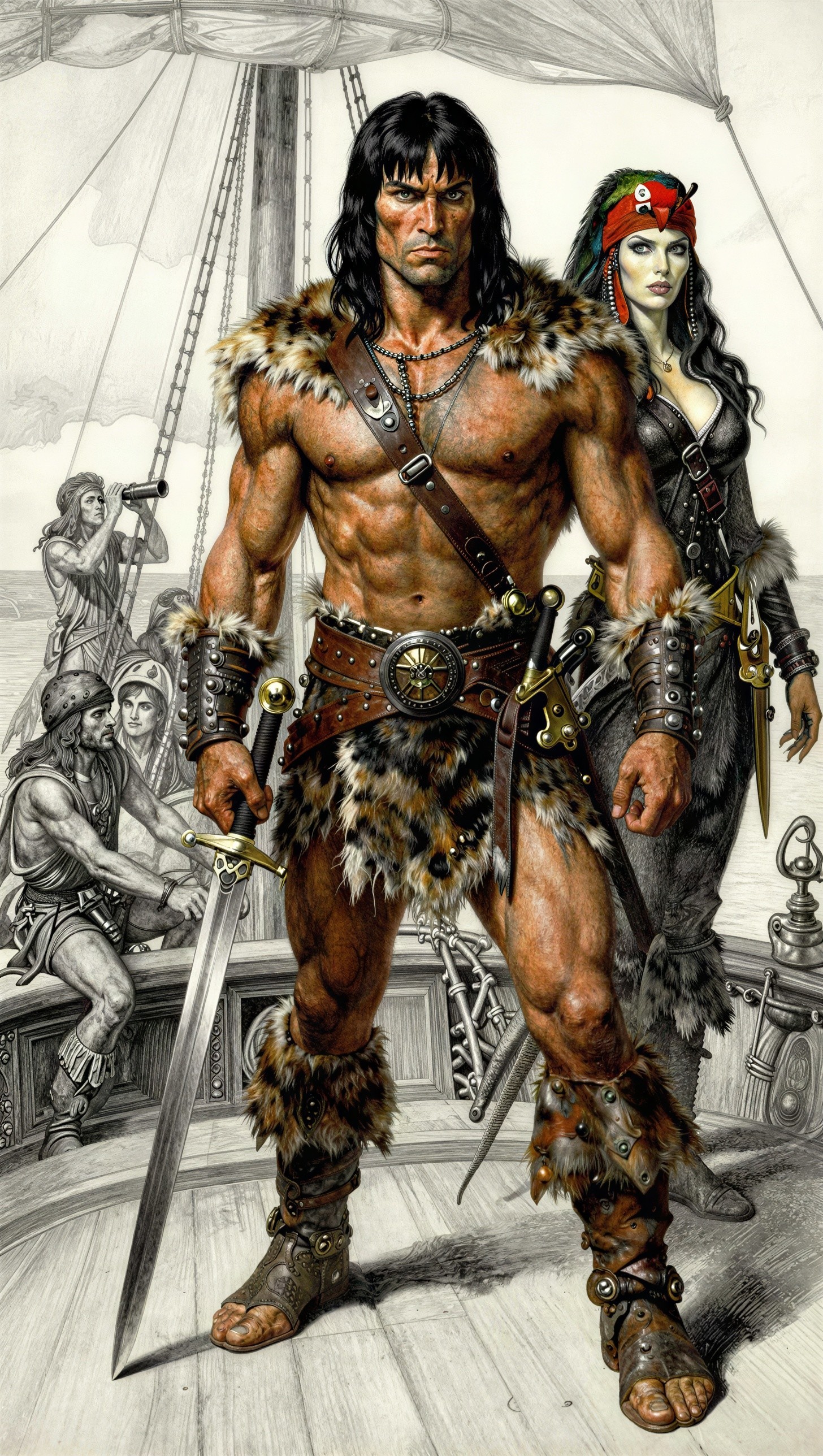Detailed Illustration of a Barbarian and Female Pirate
