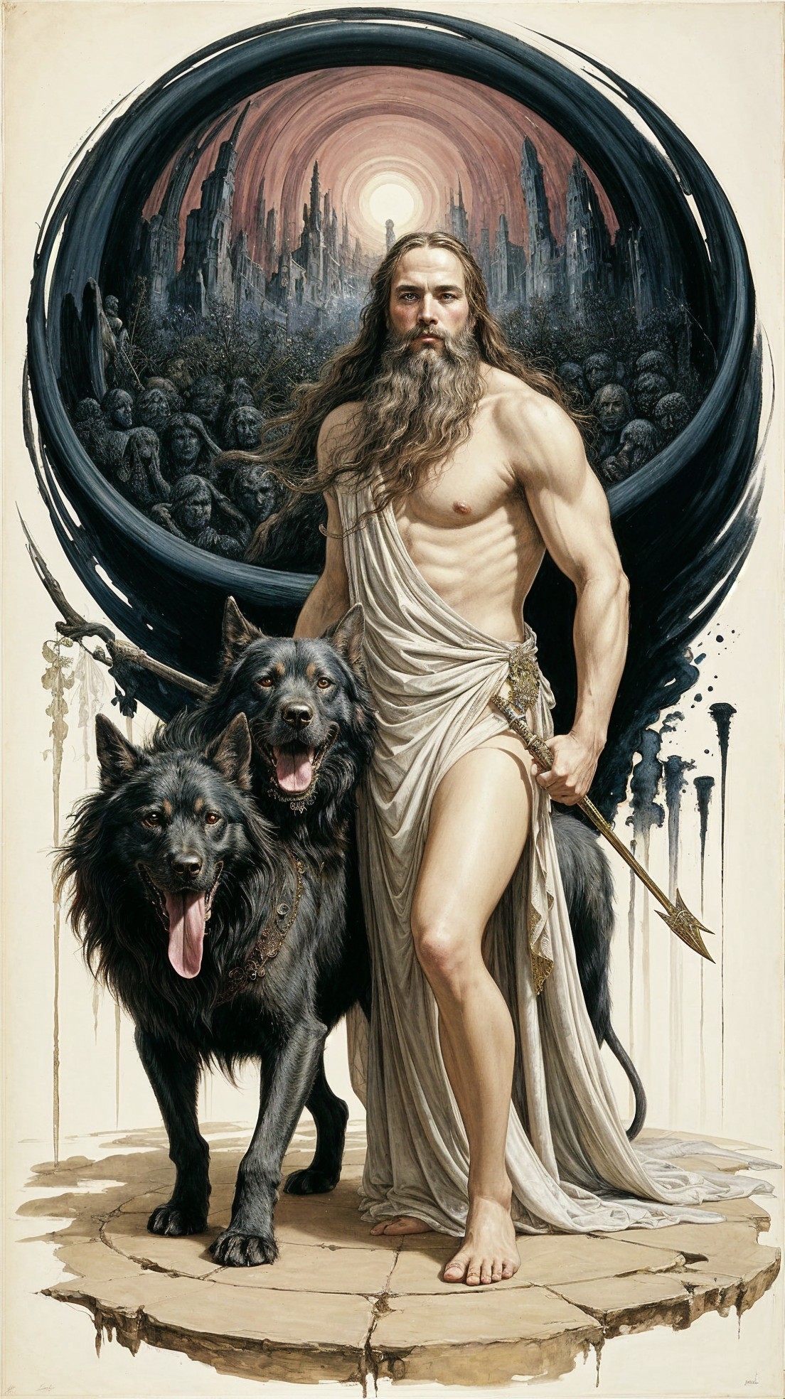 Powerful figure with wolves in a mystical landscape