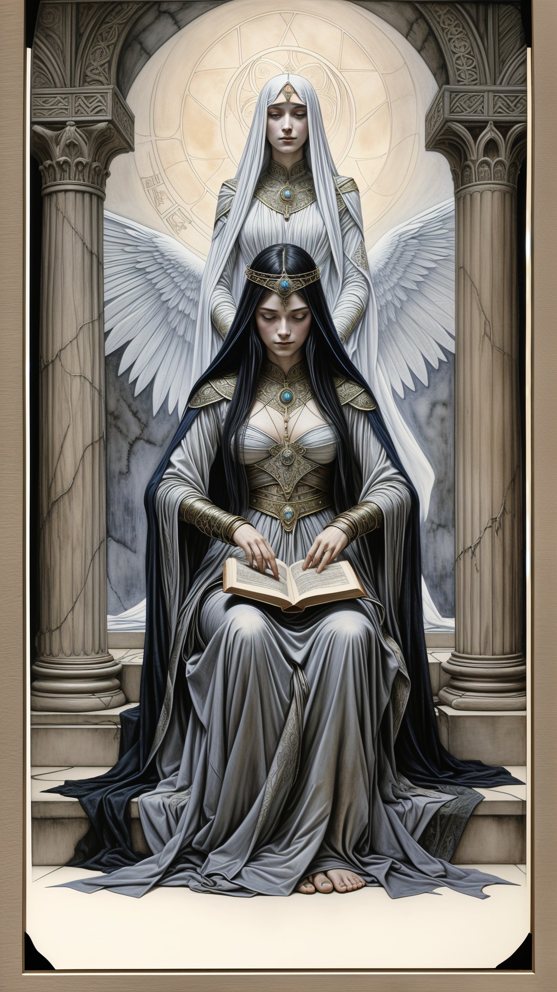 Ethereal Figures in Mystical Architectural Setting