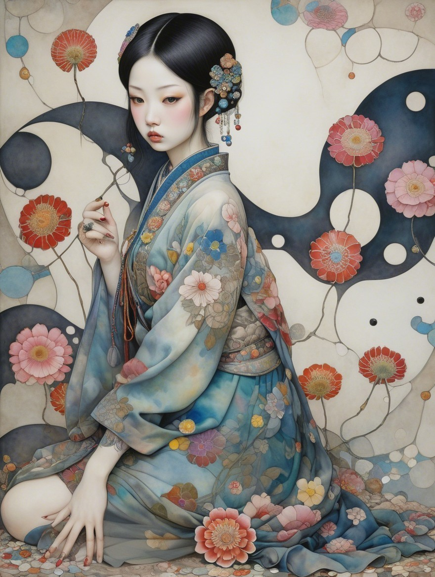 Serene figure in kimono among vibrant flowers