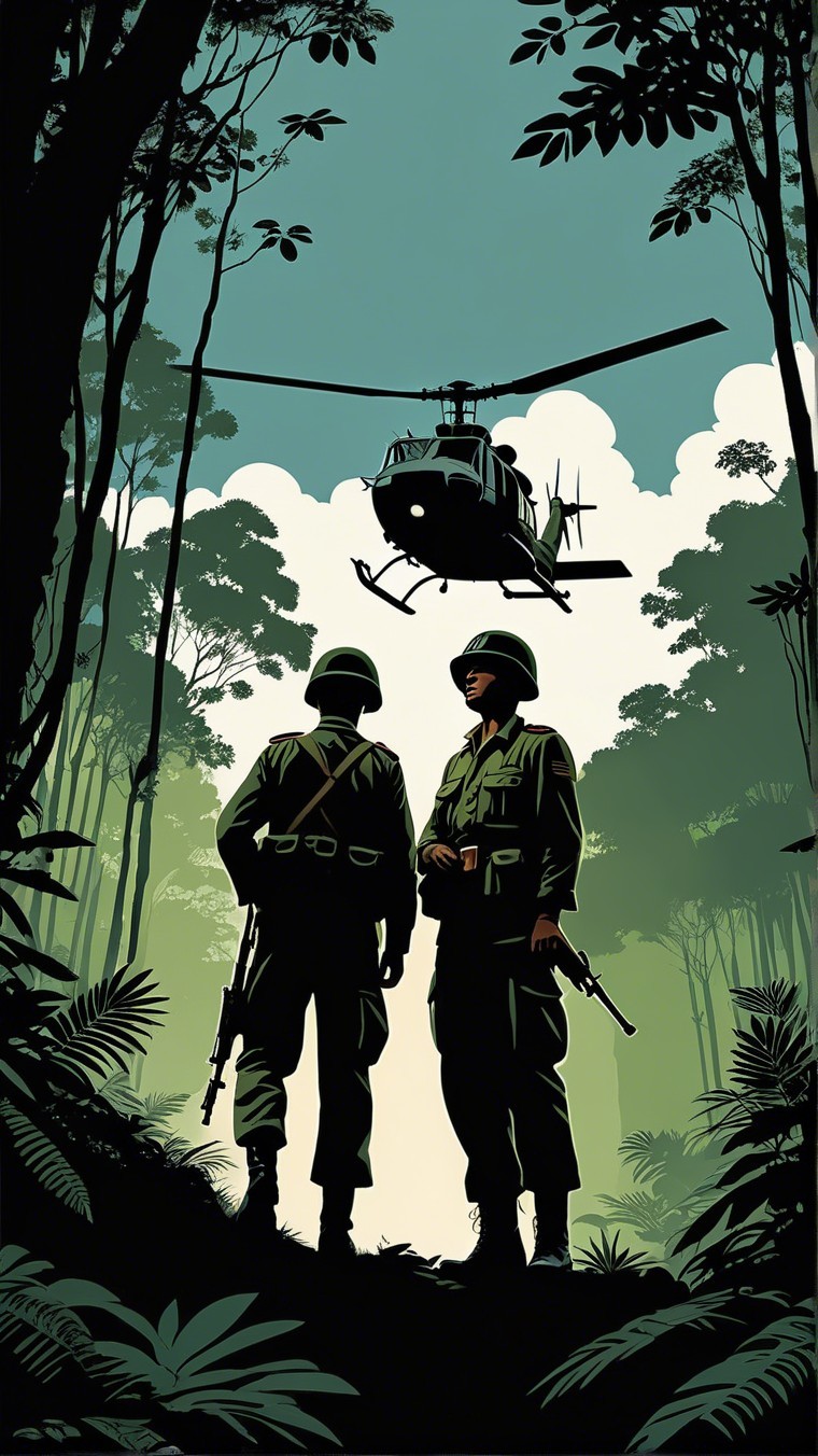 Soldiers in Jungle with Helicopter Overhead