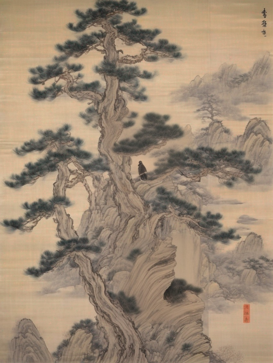 Serene Landscape with Twisted Pine Tree and Mountains