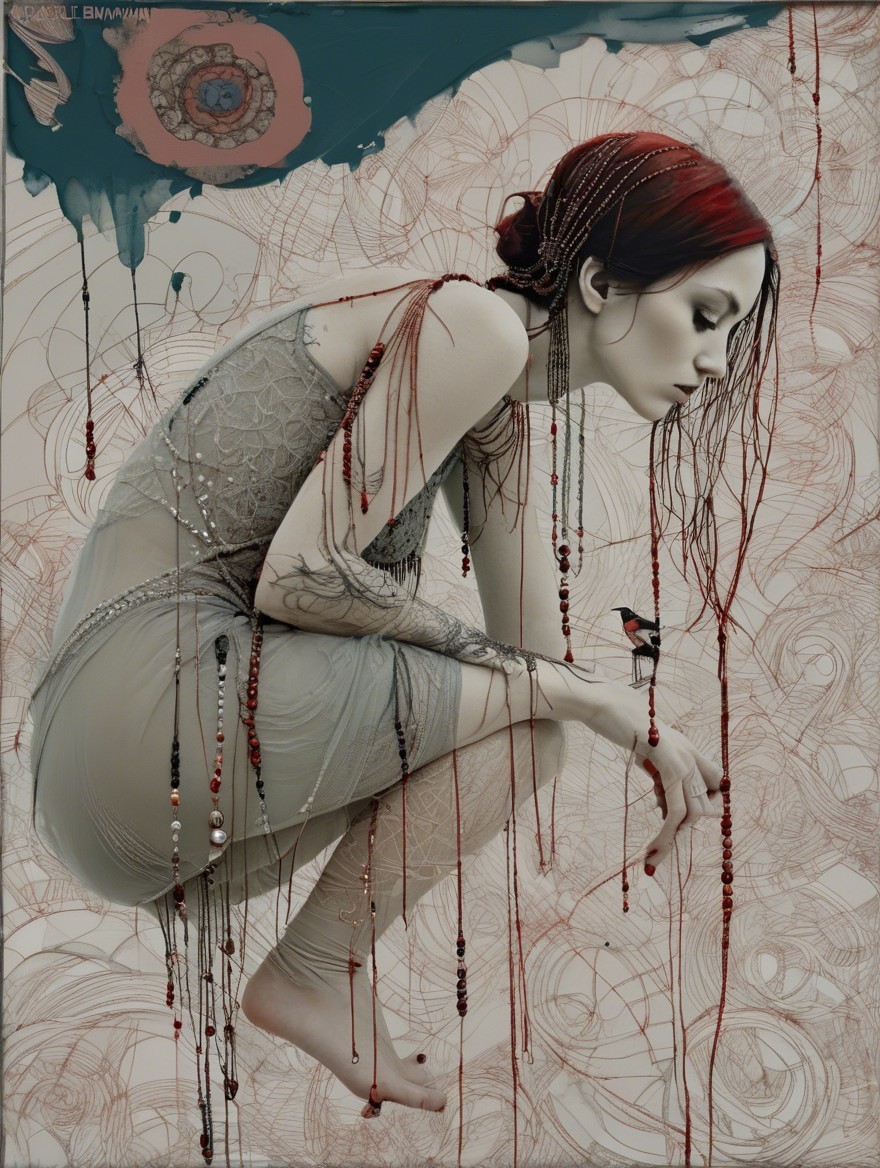 Serene Woman with Tattoos and Bird in Abstract Setting
