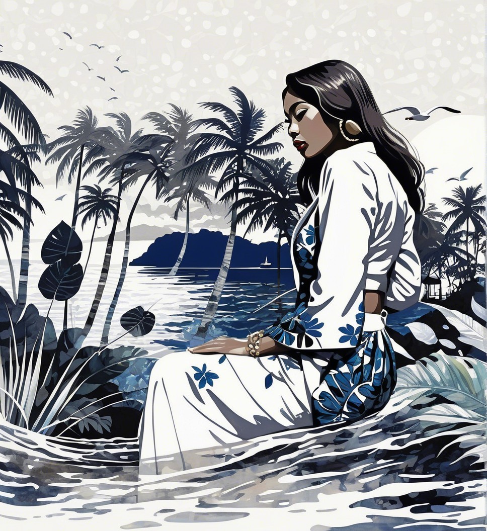 Serene Coastal Scene with Woman in Floral Garment