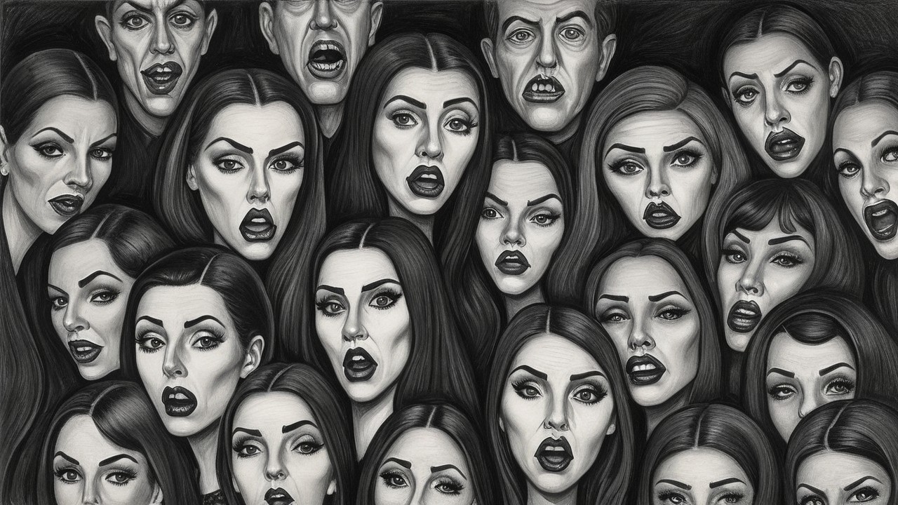 High-Contrast Black and White Hyperrealism Drawing of Crowd