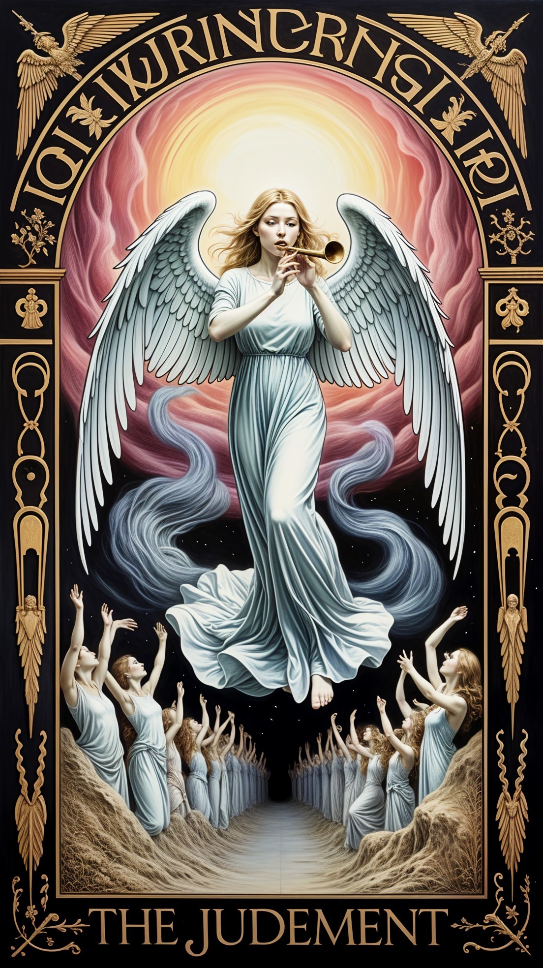 Majestic angel above ethereal figures in cosmic setting