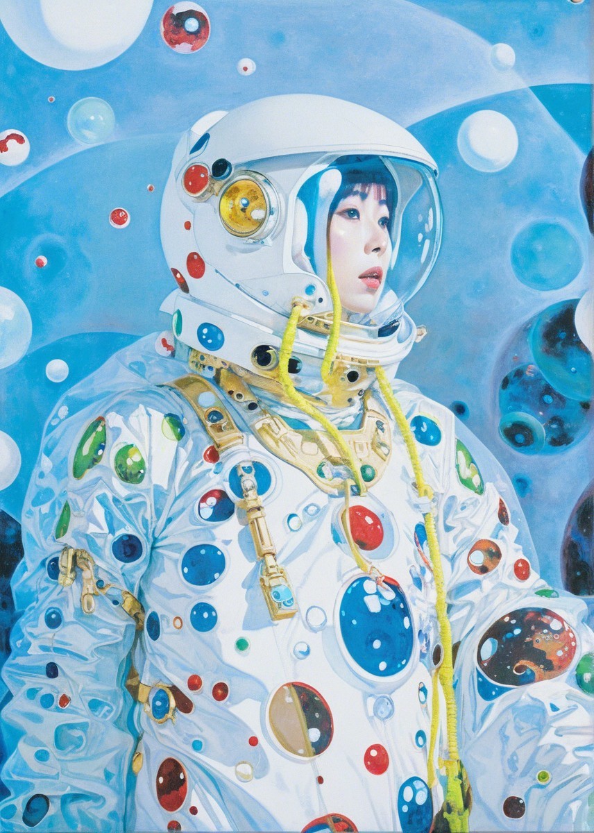 Vibrant Figure in Bubble-Patterned Space Suit Against Cosmos