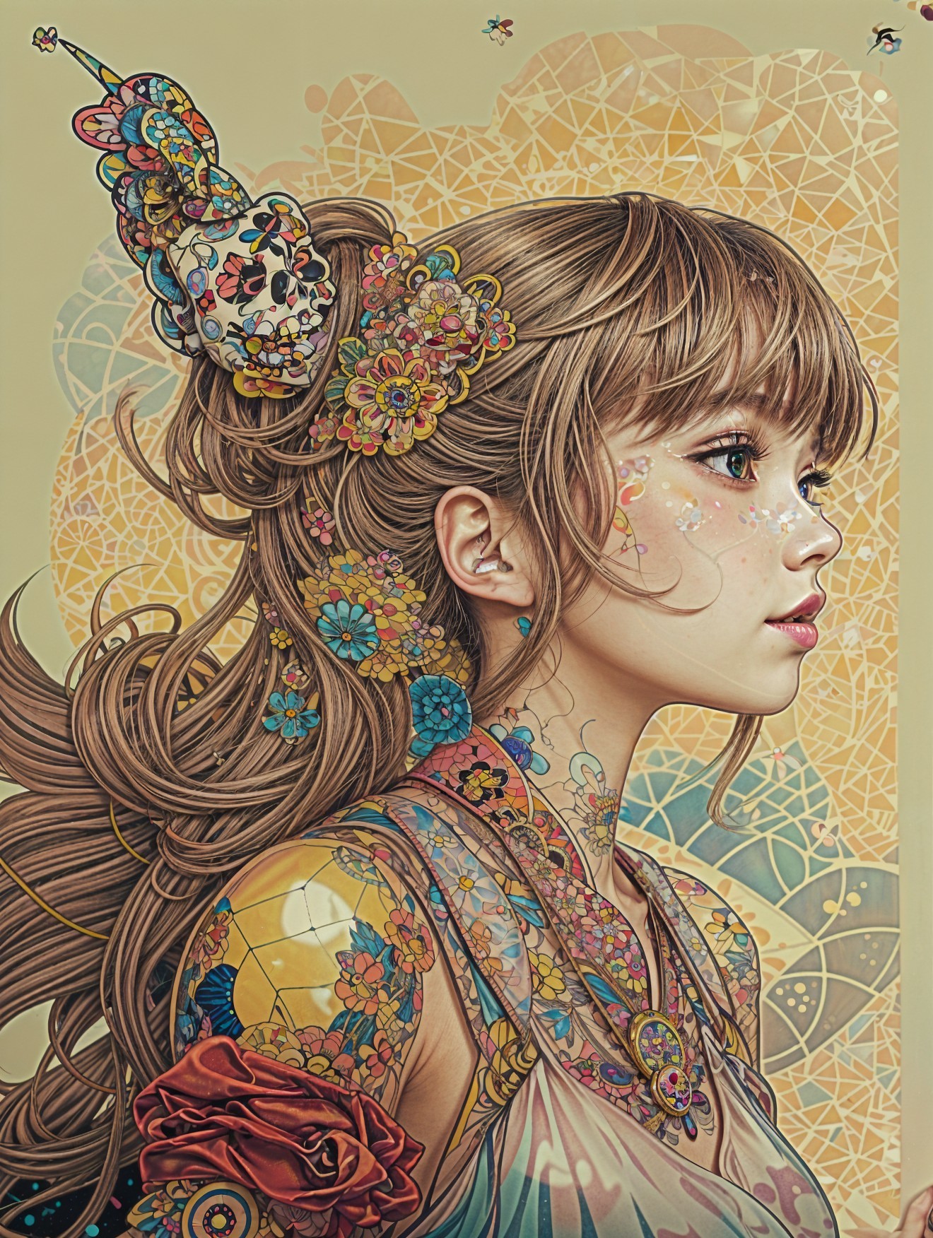 Illustration of a Woman with Floral Tattoos and Dress