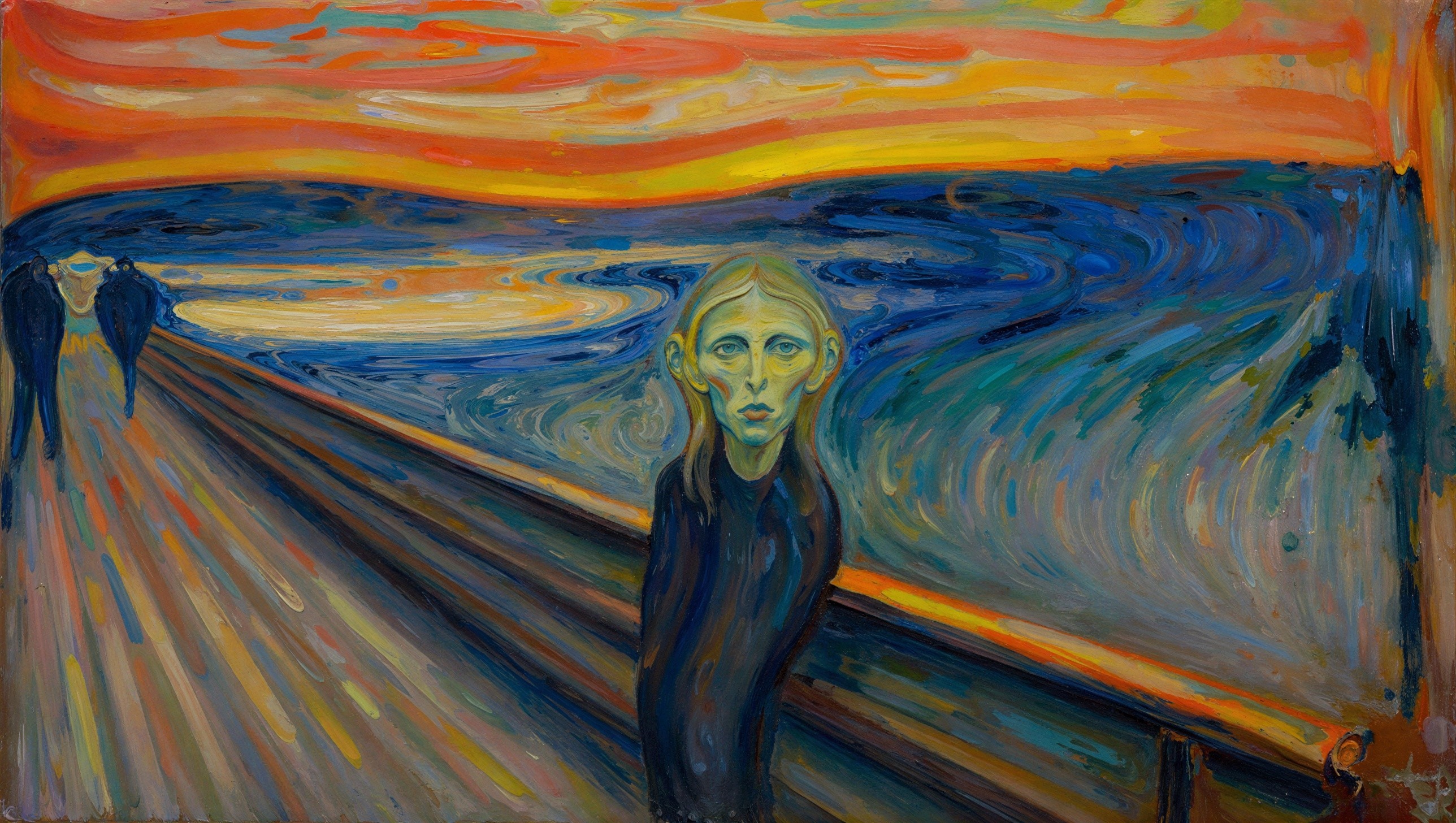 Expressionistic painting of a figure on a bridge at sunset