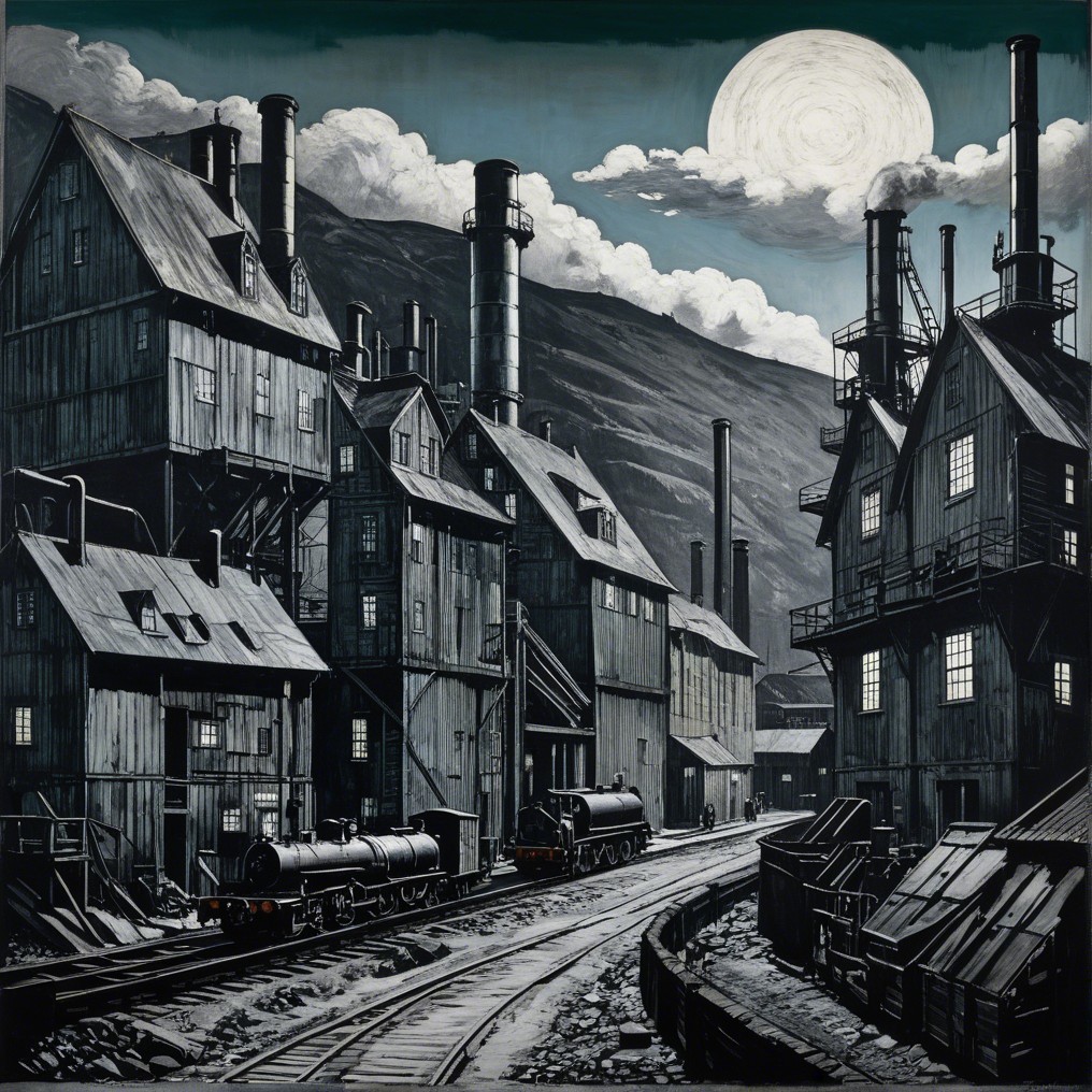 Industrial Scene with Smoke Stacks and Moonlit Sky