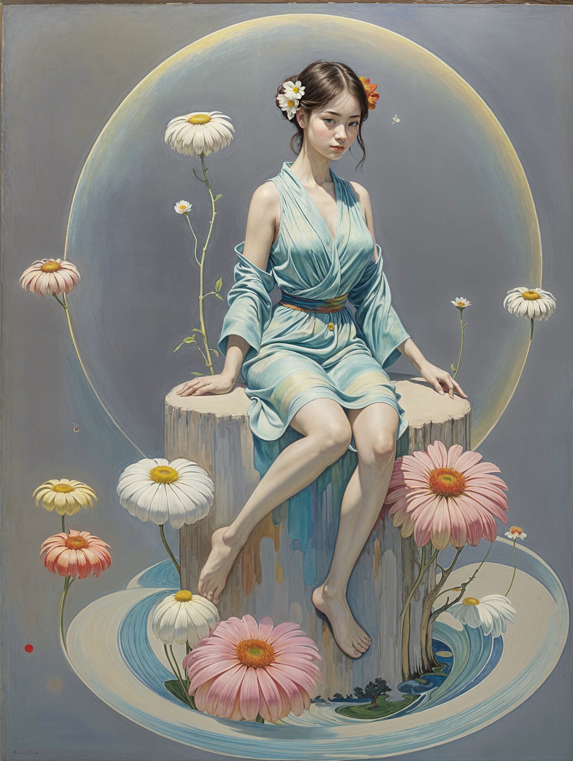 Serene Woman on Pedestal Surrounded by Vibrant Flowers