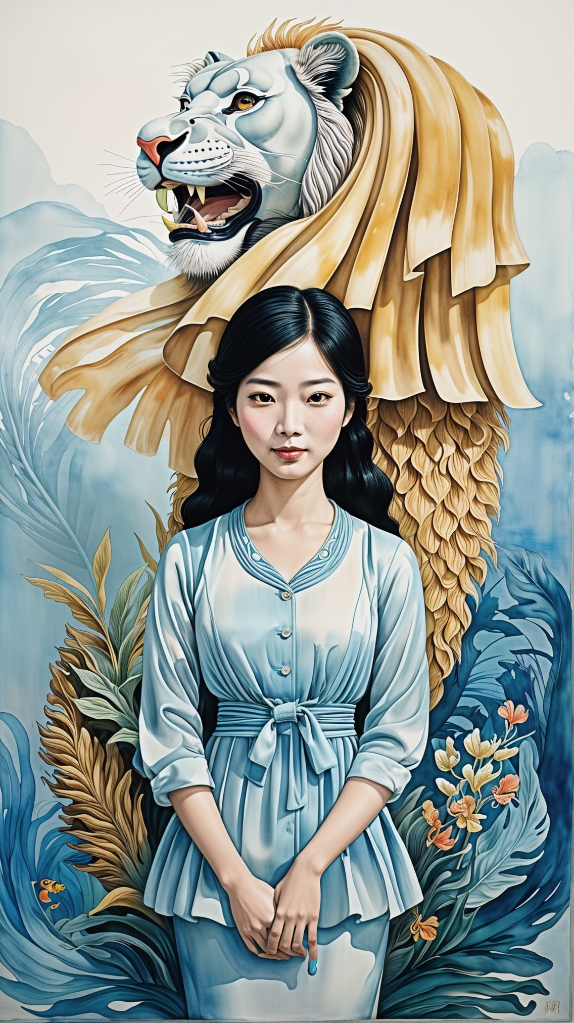 Woman in Blue Blouse with Lion Artwork Background