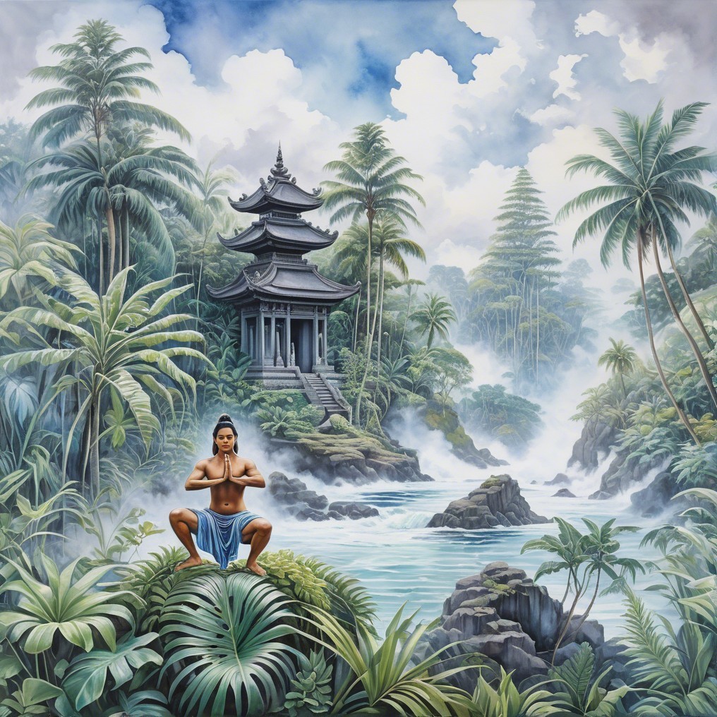 Lush Jungle Landscape with Yoga Pose and Pagoda