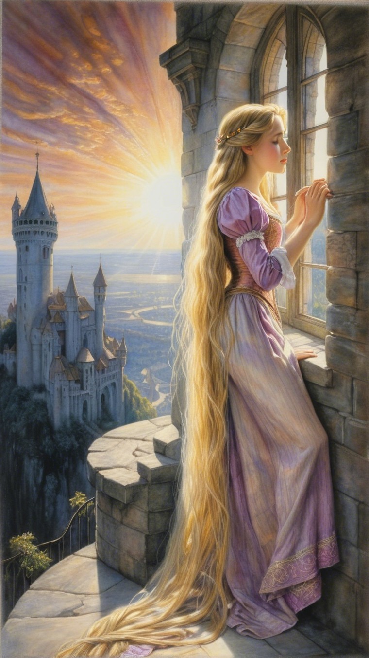 Princess by Castle Window at Sunset with Lavender Gown