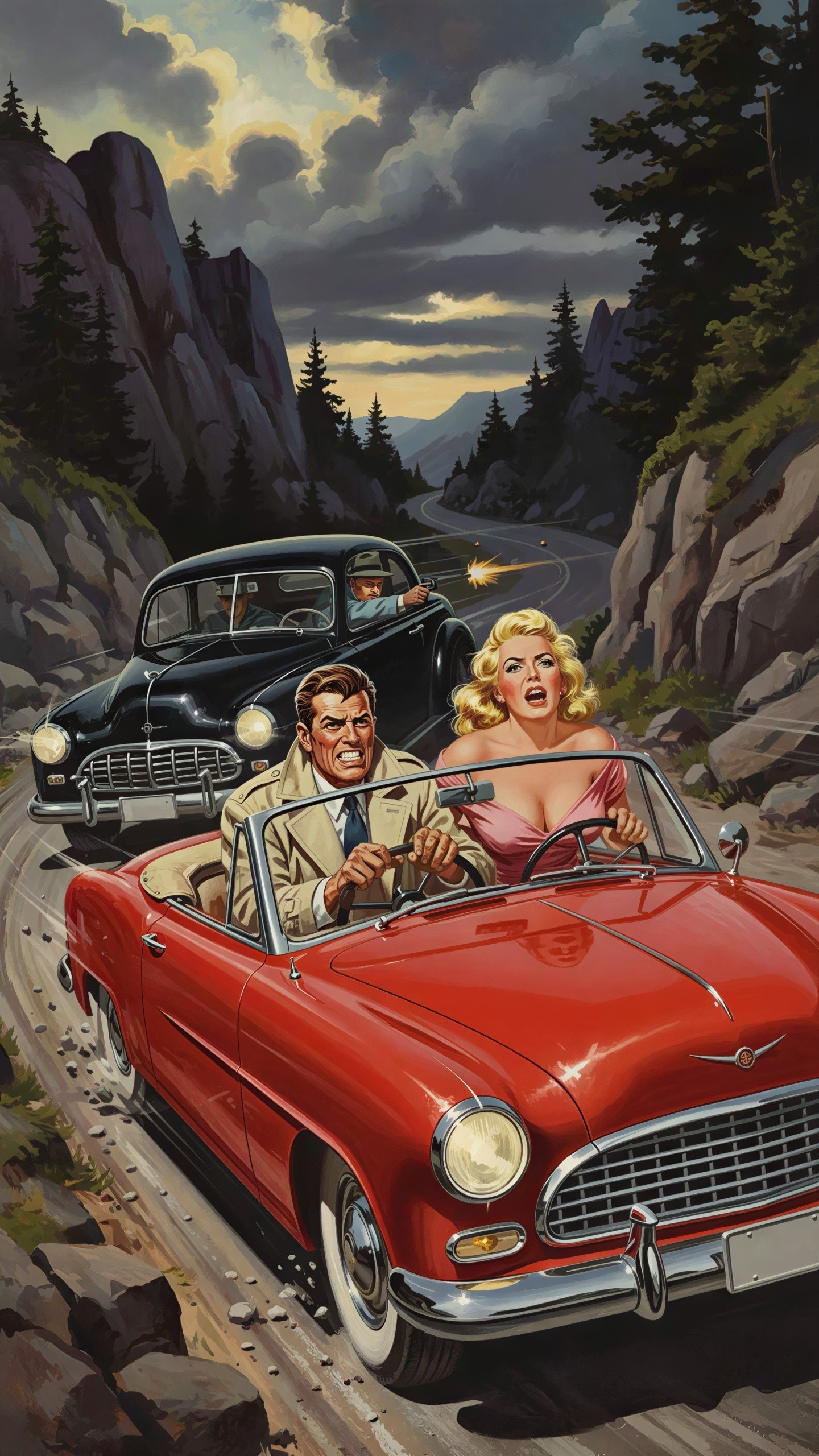 Dramatic Pulp Fiction Book Cover Featuring Car Chase