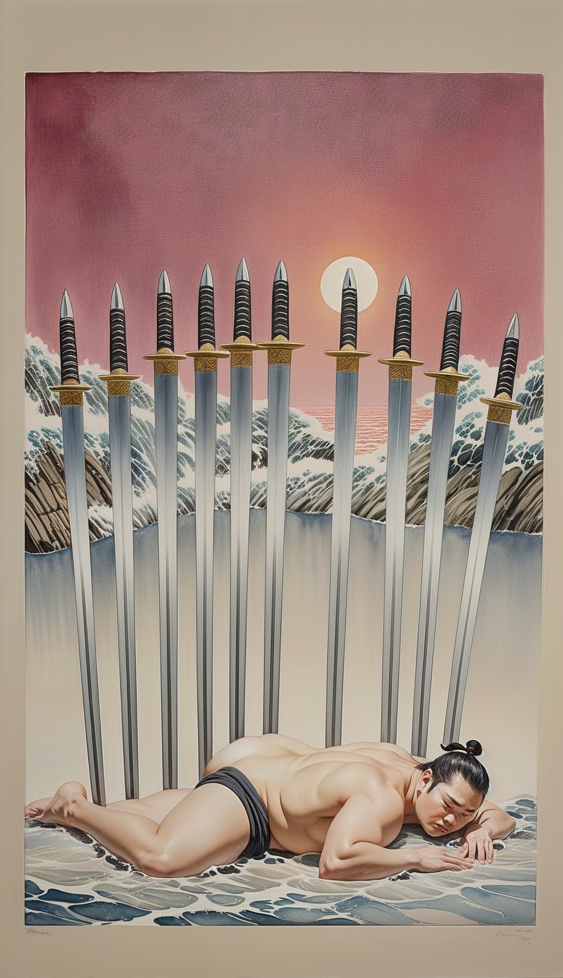 Muscular Man in Serene Landscape with Swords and Sunset