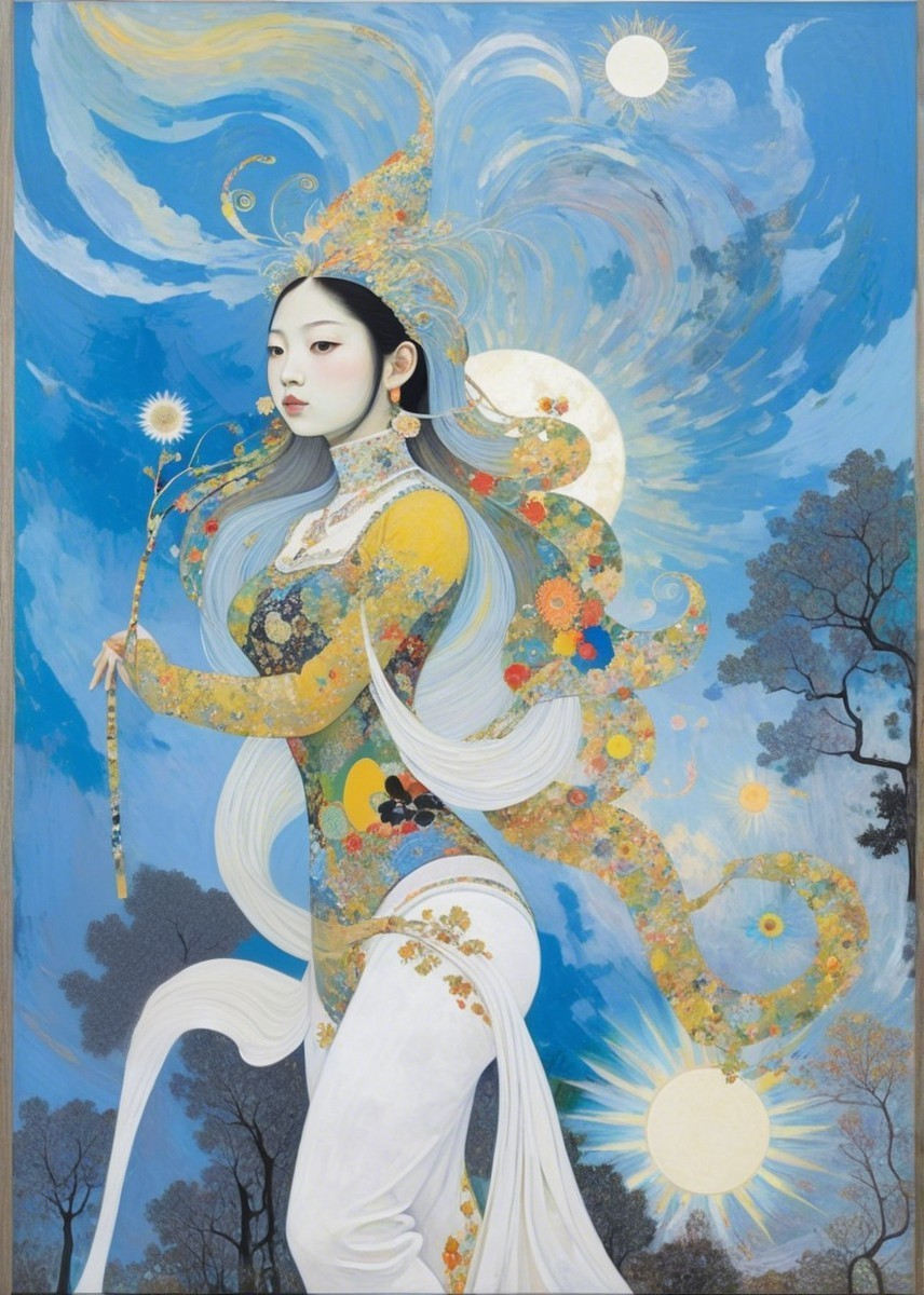 Graceful Figure in Floral Gown Against Blue Sky