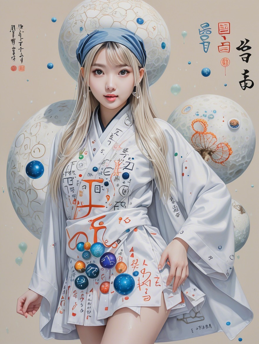 Young Woman in White Kimono with Decorative Orbs
