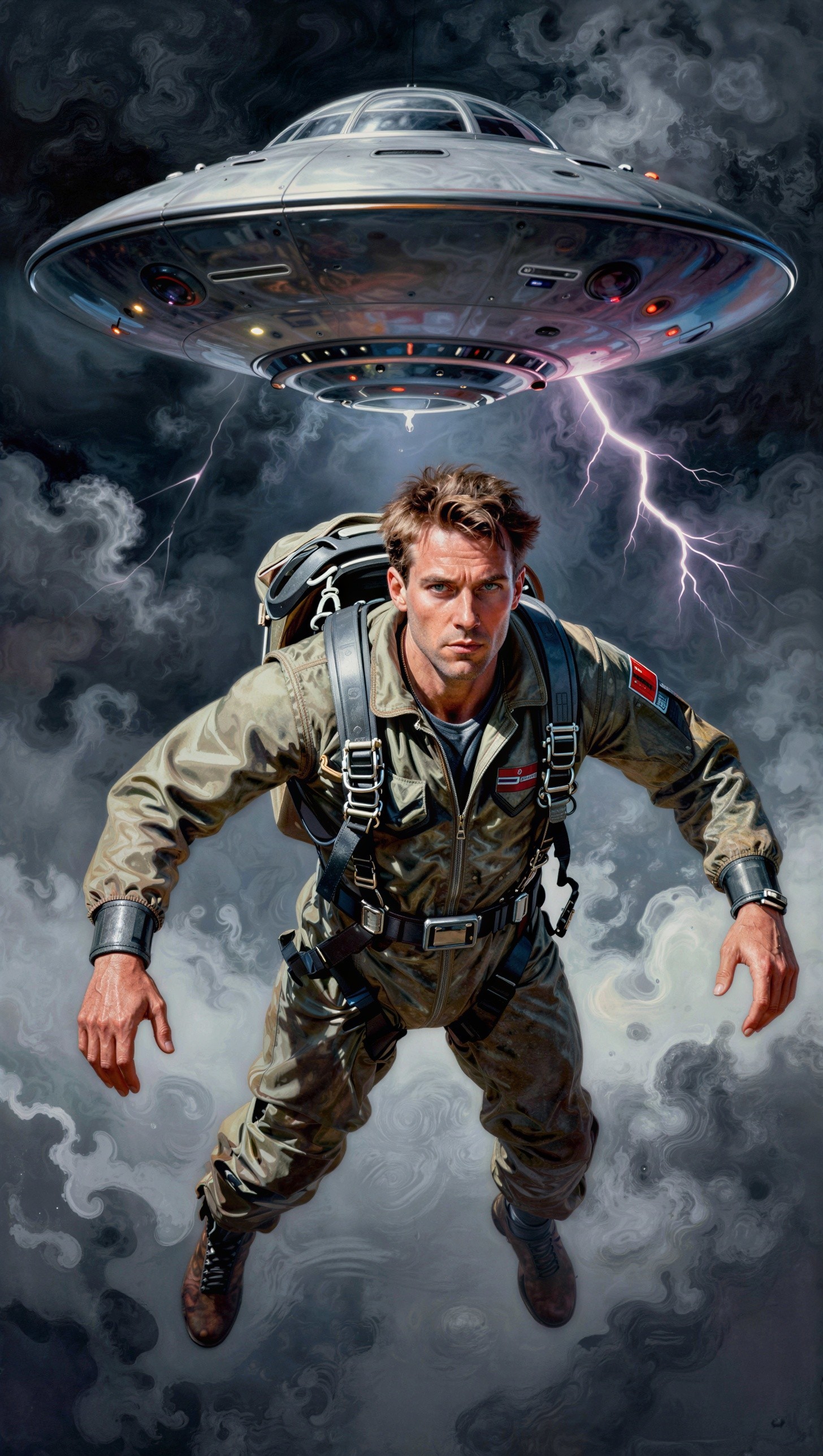 Man in flight suit falls through stormy sky with UFO
