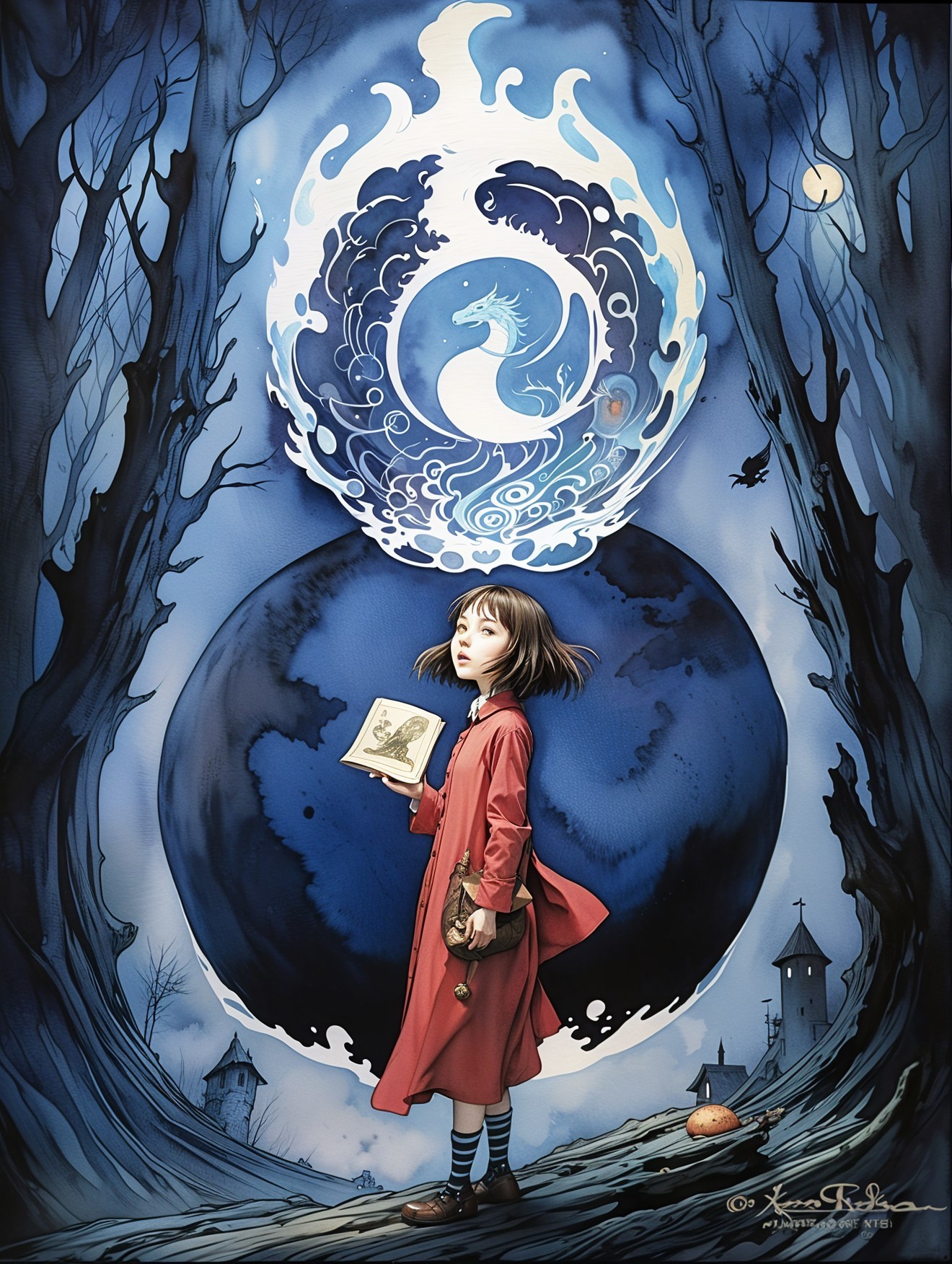 Young girl in red coat in mystical moonlit landscape