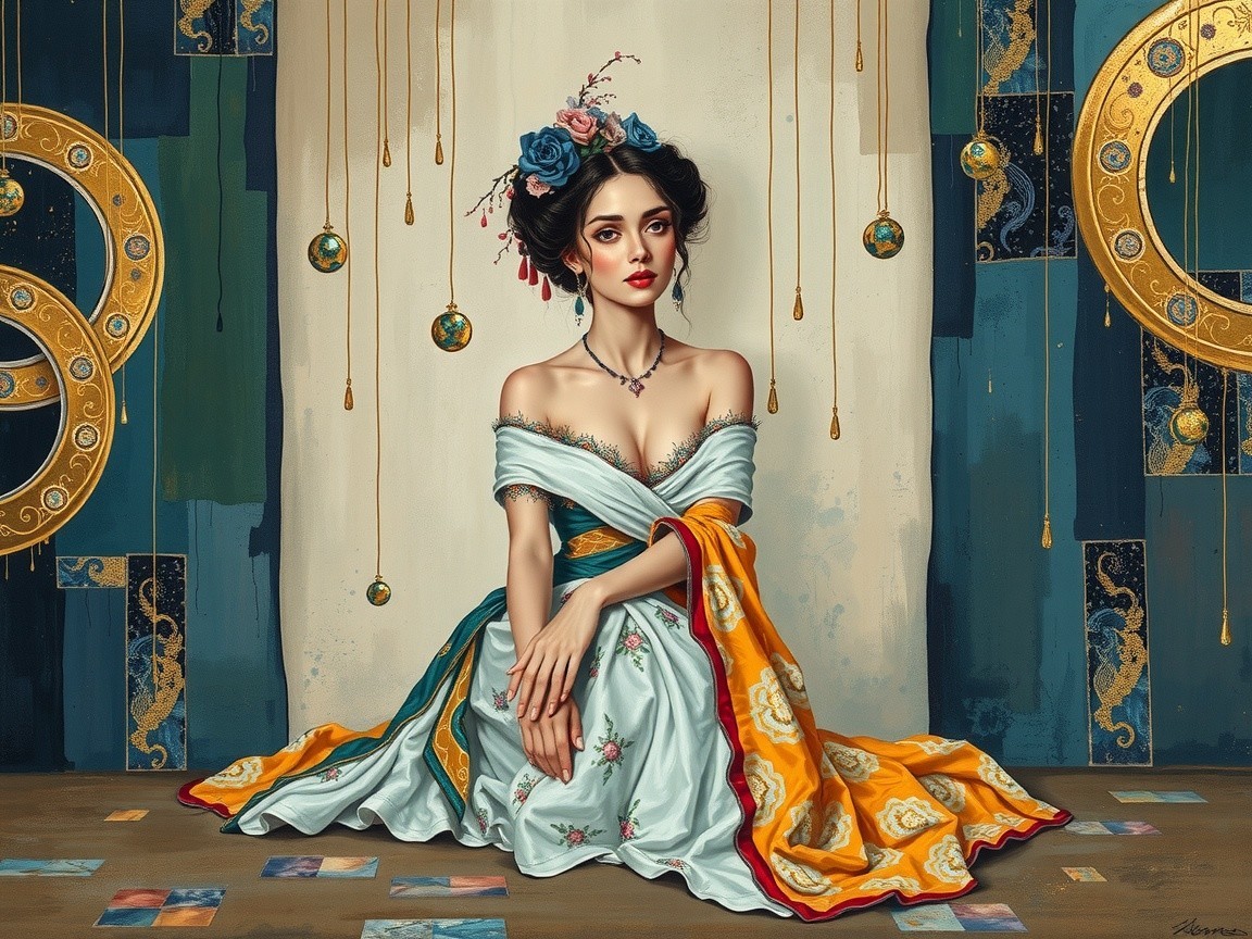 Elegant Woman in Floral Gown with Artistic Background