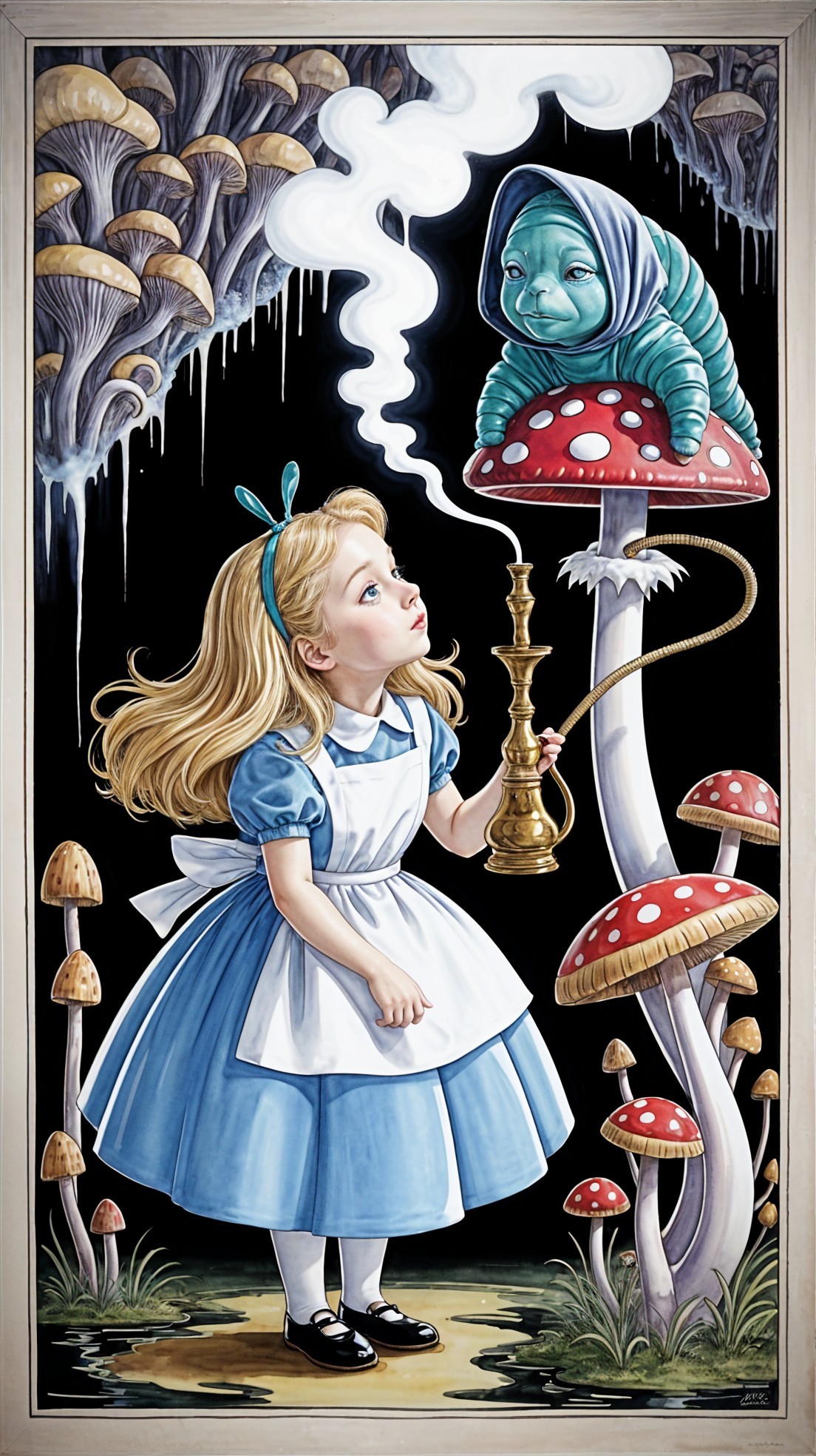 Whimsical Scene of Girl and Caterpillar in Wonderland