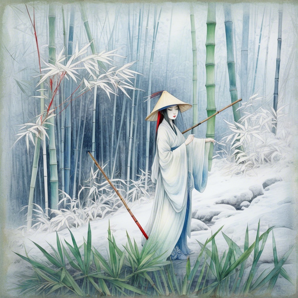Traditional figure in misty bamboo grove scene
