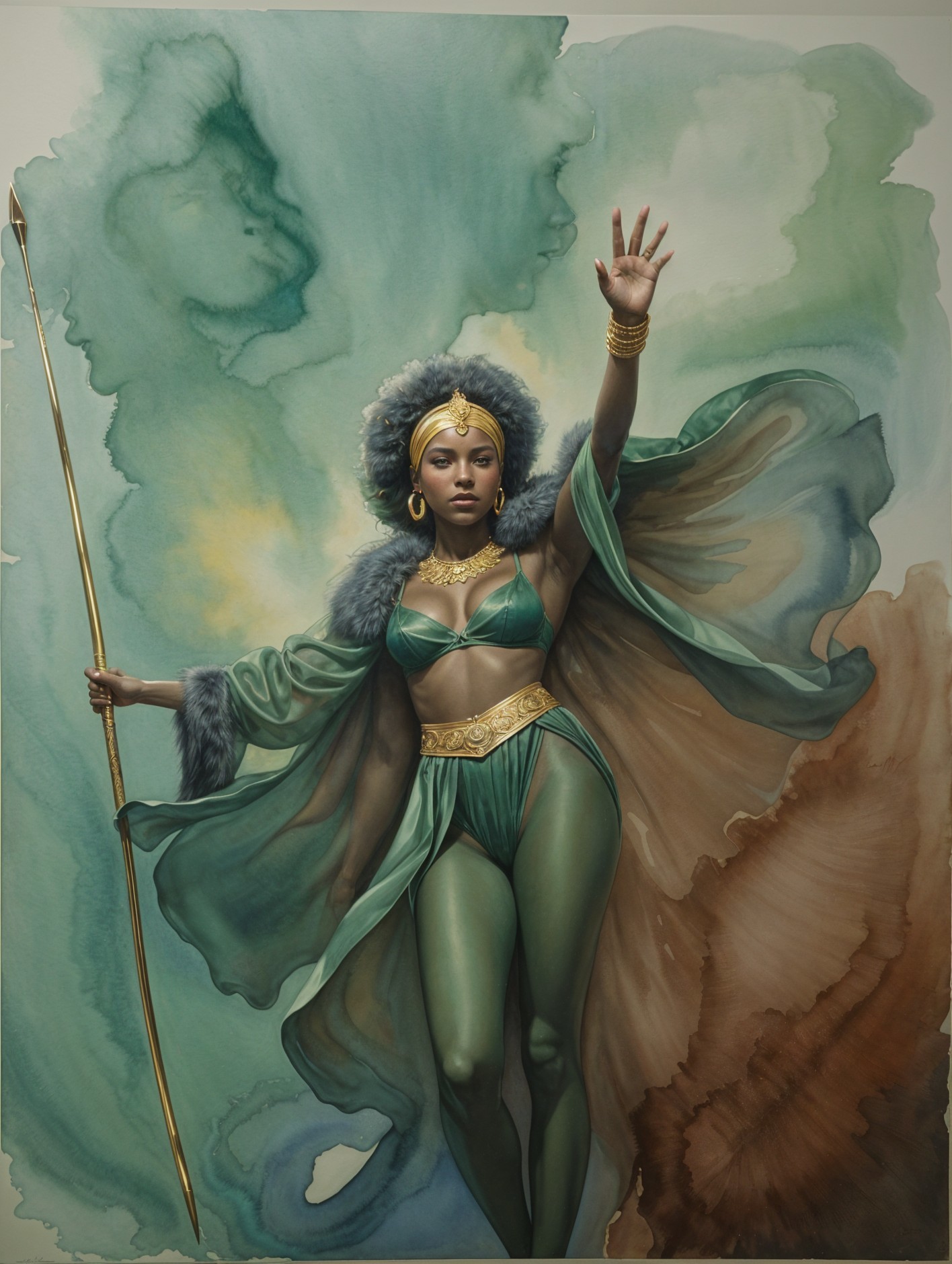 Watercolor Fantasy Art of an African Goddess in Cloak