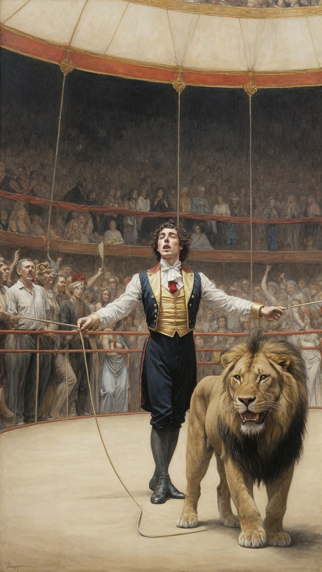 Dramatic Circus Scene with Lion Tamer and Audience
