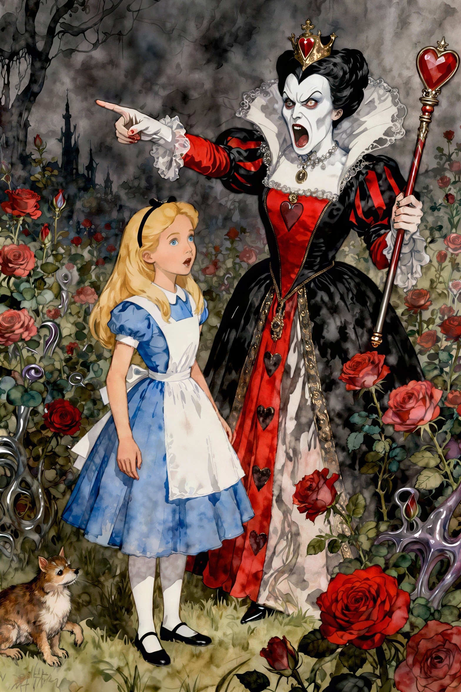 Alice and the Queen of Hearts in a Gothic Rose Garden