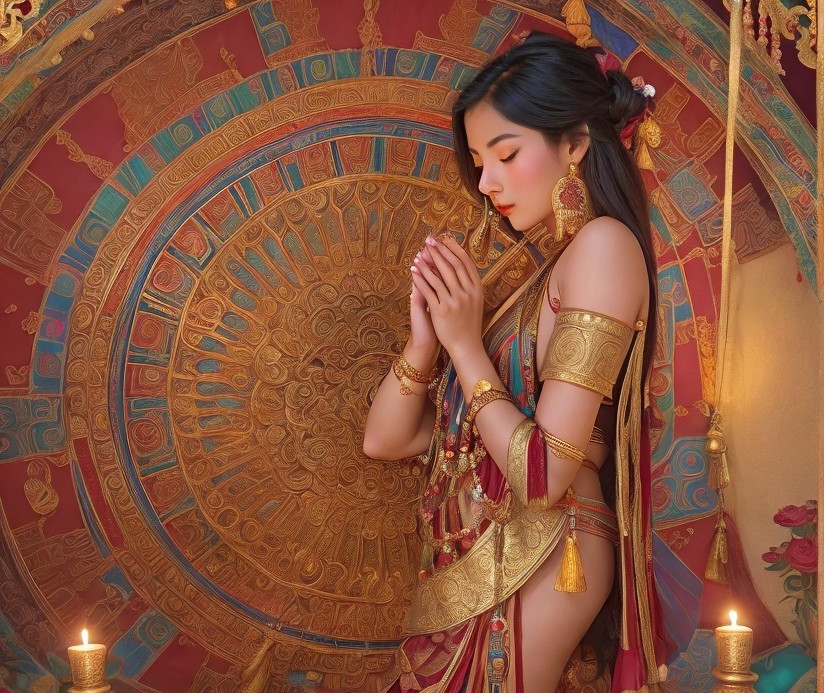 Traditional Woman in Golden Attire with Ornate Circular Backdrop