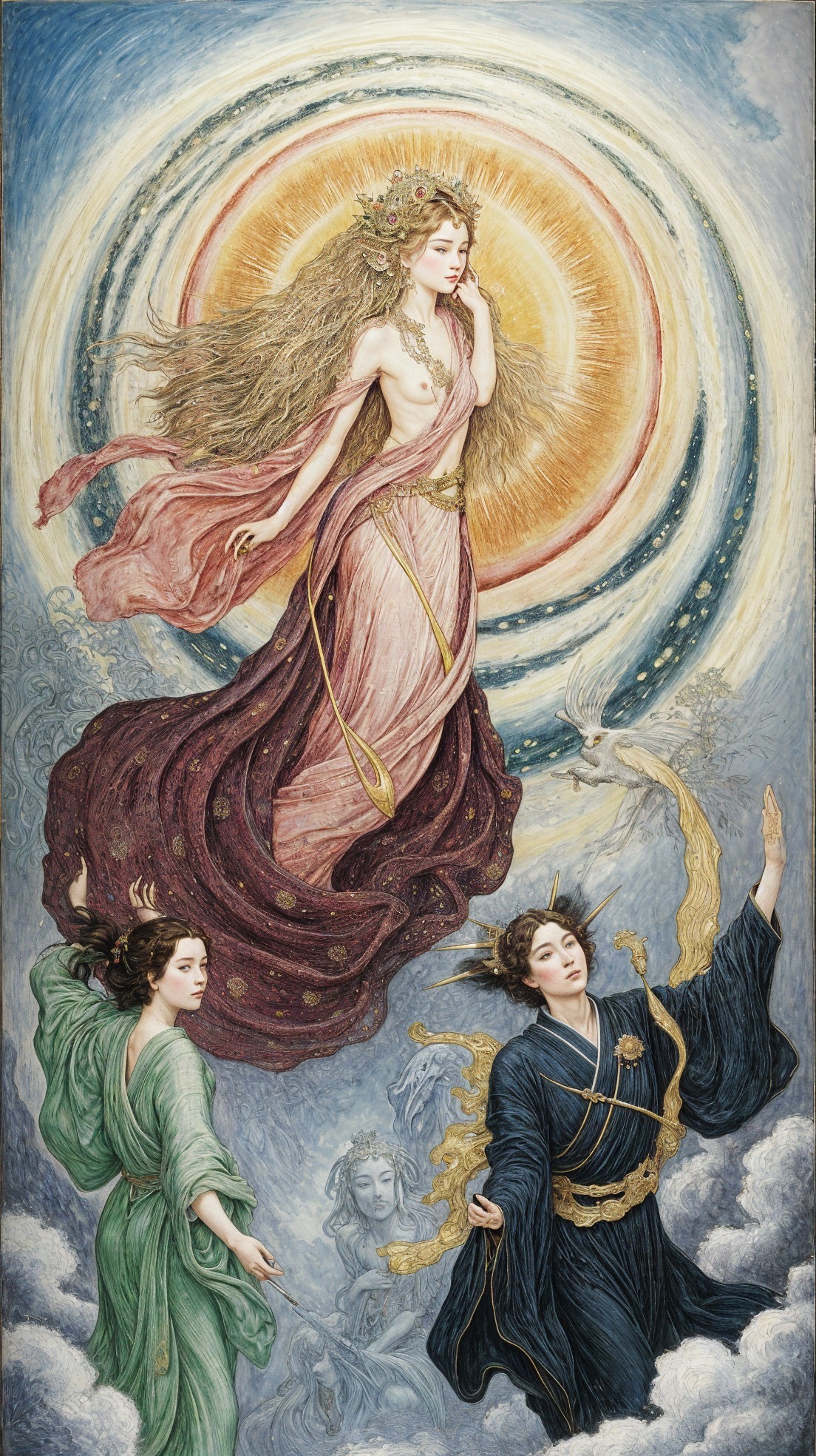 Celestial Scene with Radiant Goddess and Ethereal Figures