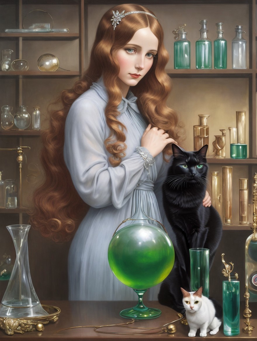 Young Woman in Gray Gown in Mystical Laboratory Scene