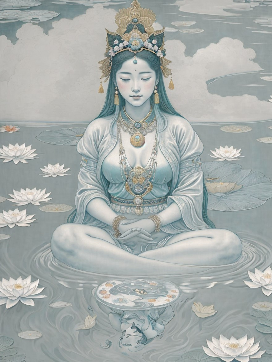 Serene Female Figure Meditating on Water with Lotus Flowers