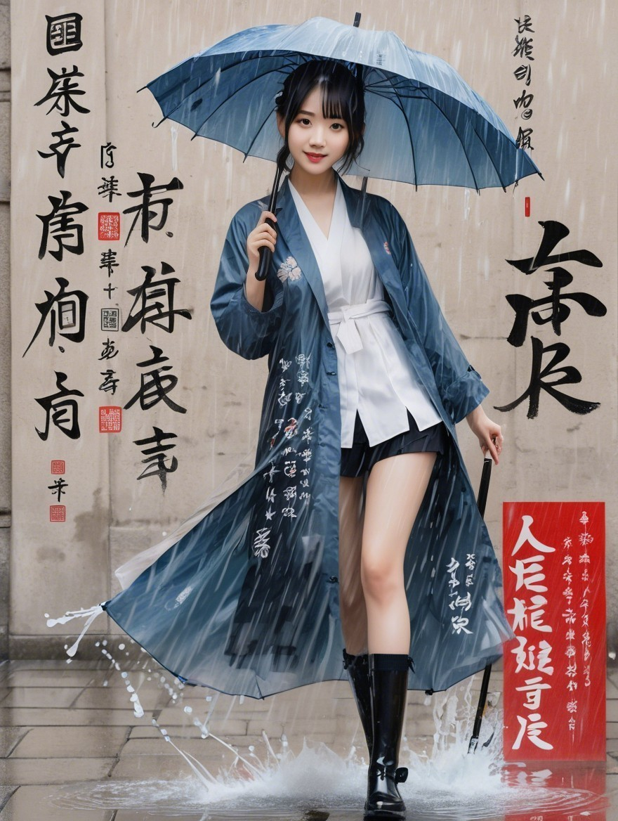 Young Woman in Traditional Robe with Umbrella in Rain