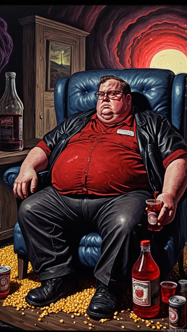 Content Man in Blue Armchair Amidst Snack Chaos