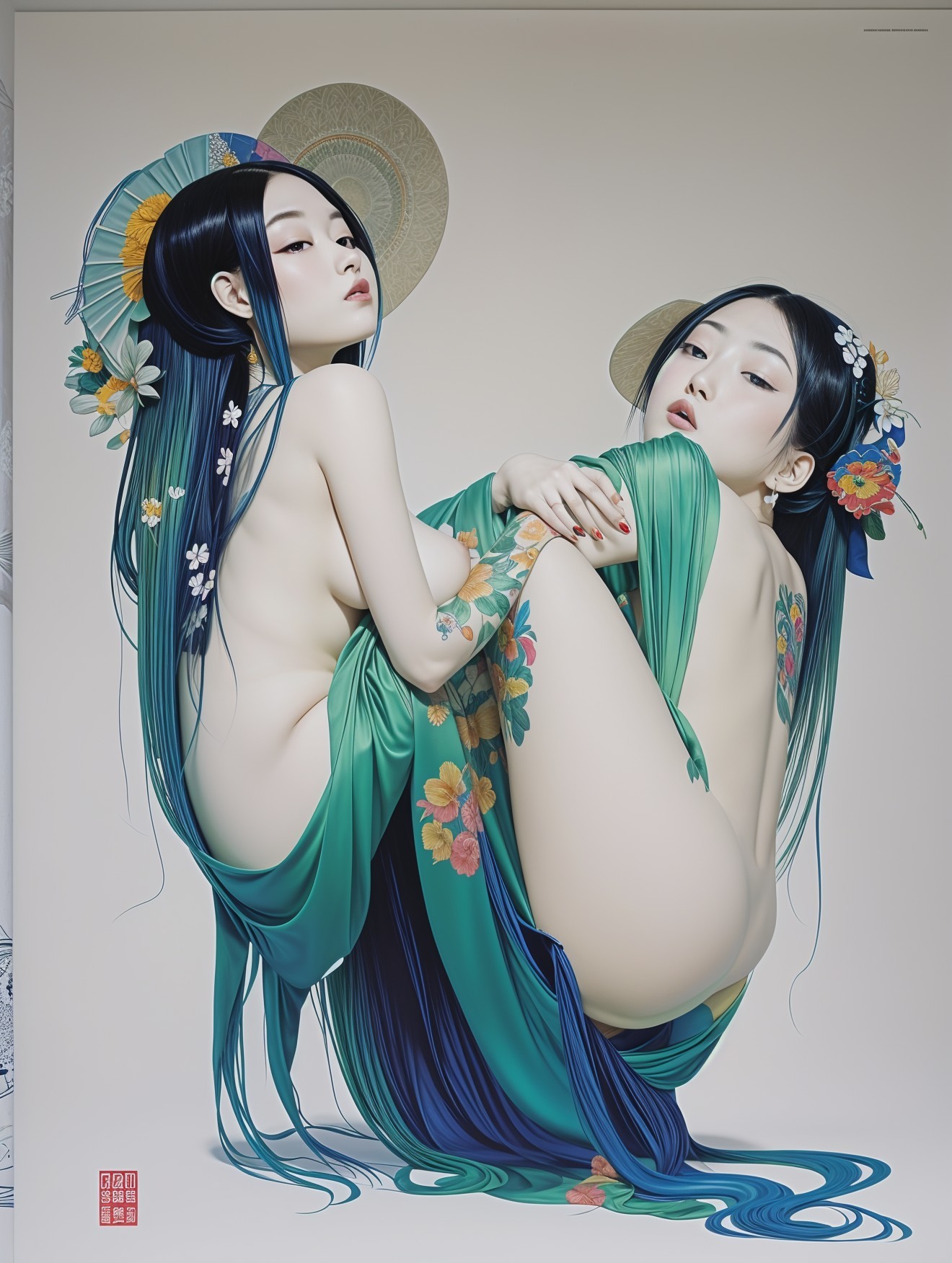 Ethereal Figures in Flowing Garments and Floral Tattoos