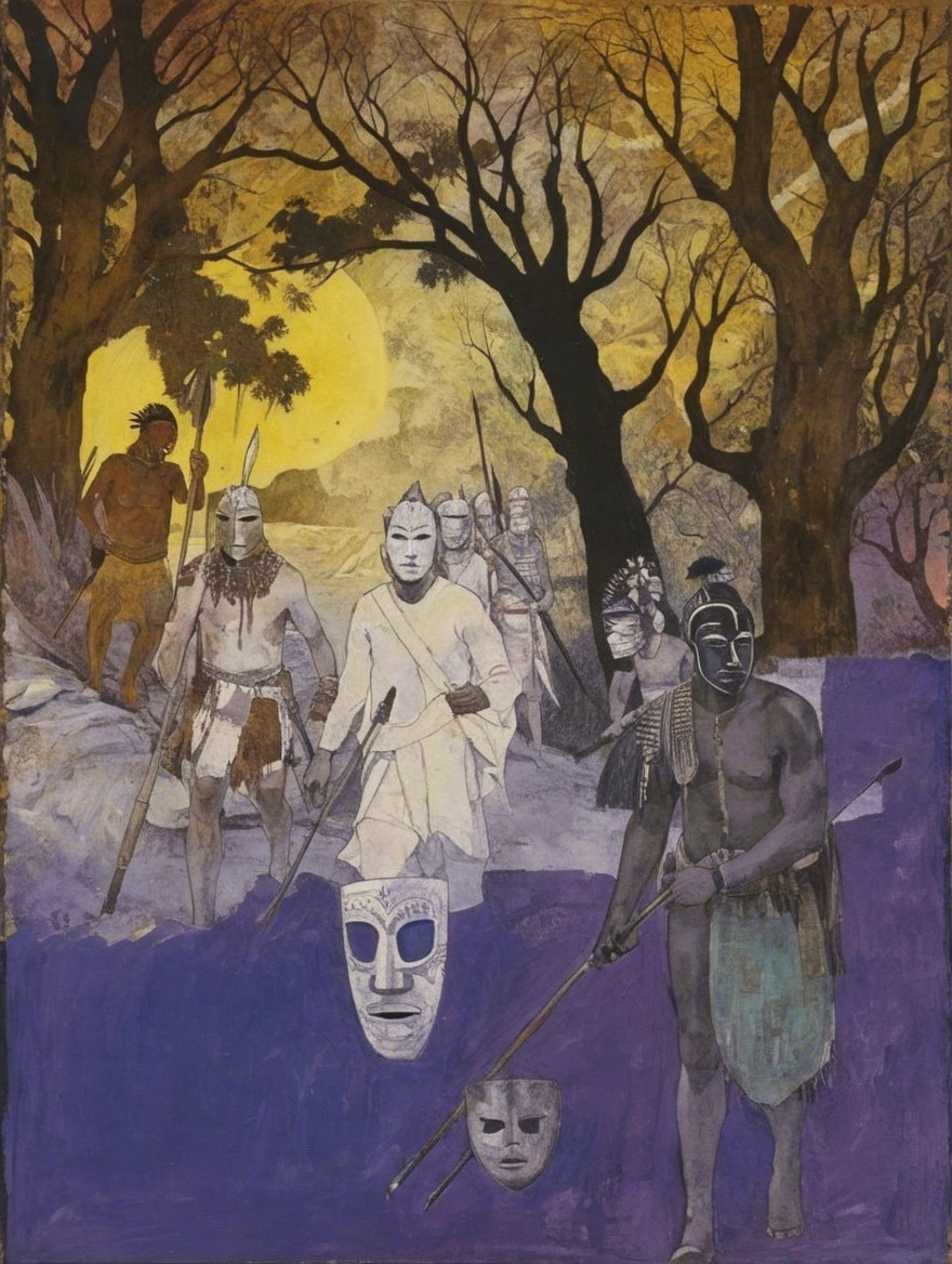 Figures in Traditional Attire Under a Glowing Moon