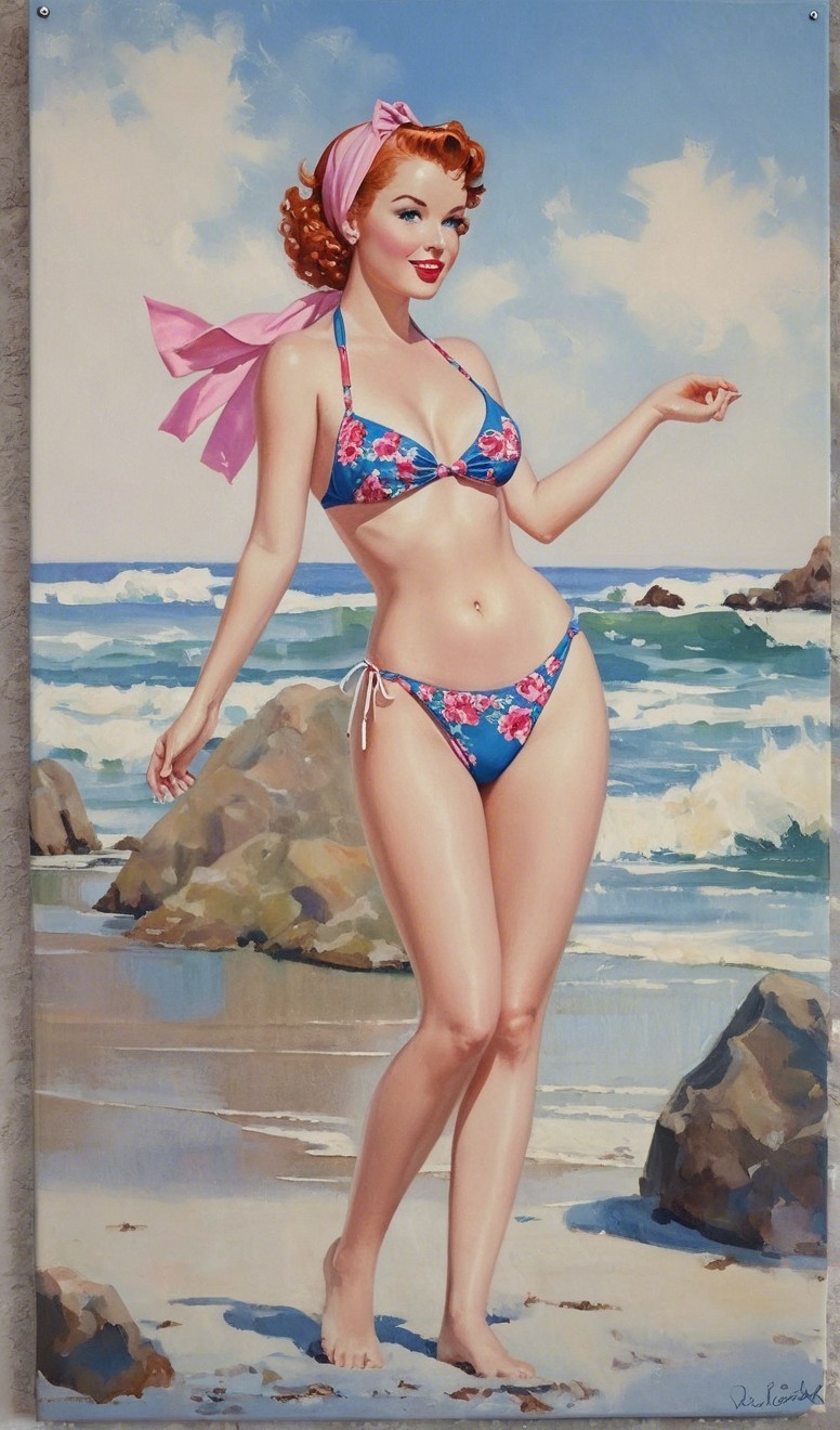 Vintage Pin-Up Girl at the Beach in Floral Bikini
