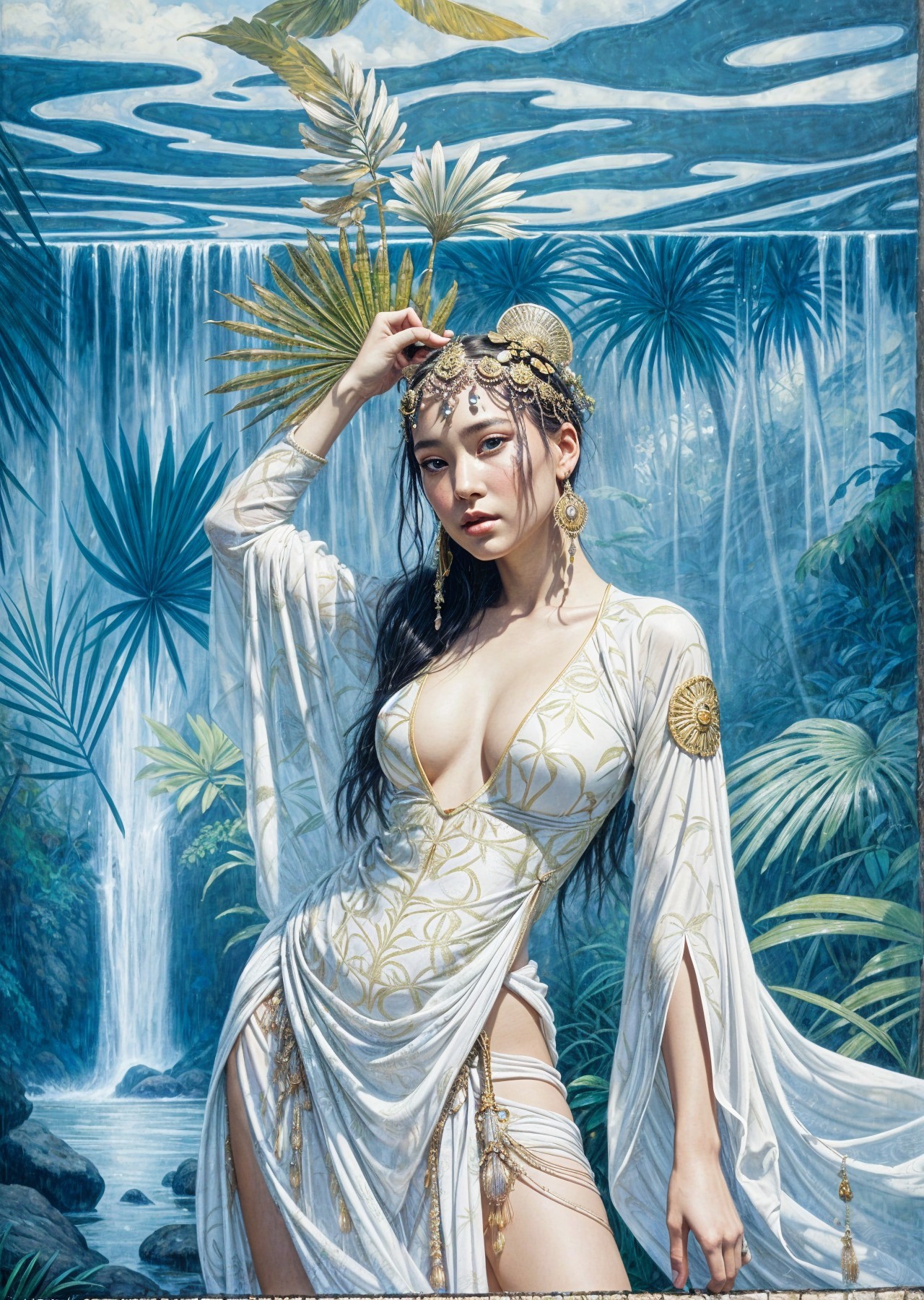 Stunning Figure in Tropical Setting with Waterfall