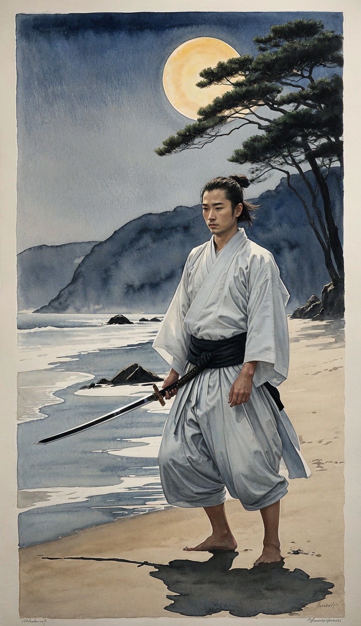 Lone Samurai on Tranquil Beach at Night