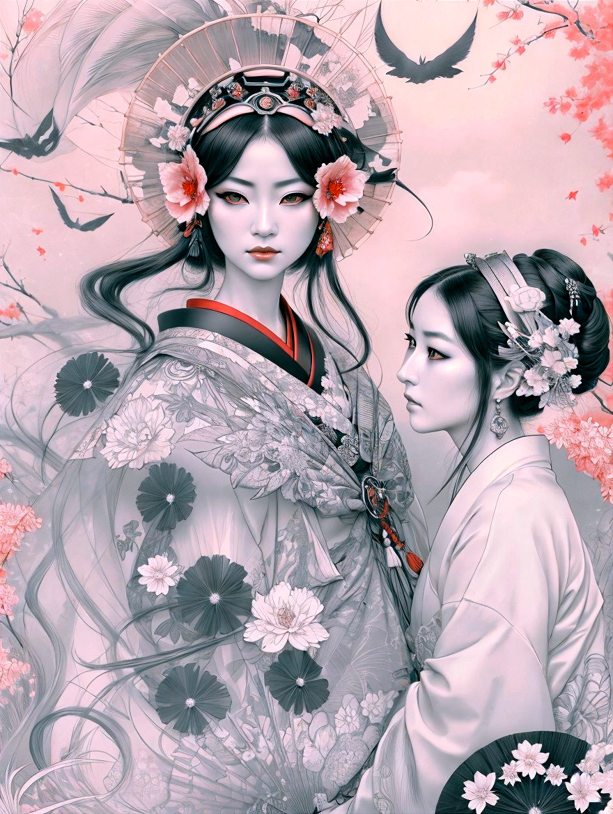 Elegant Figures in Traditional Attire with Cherry Blossoms
