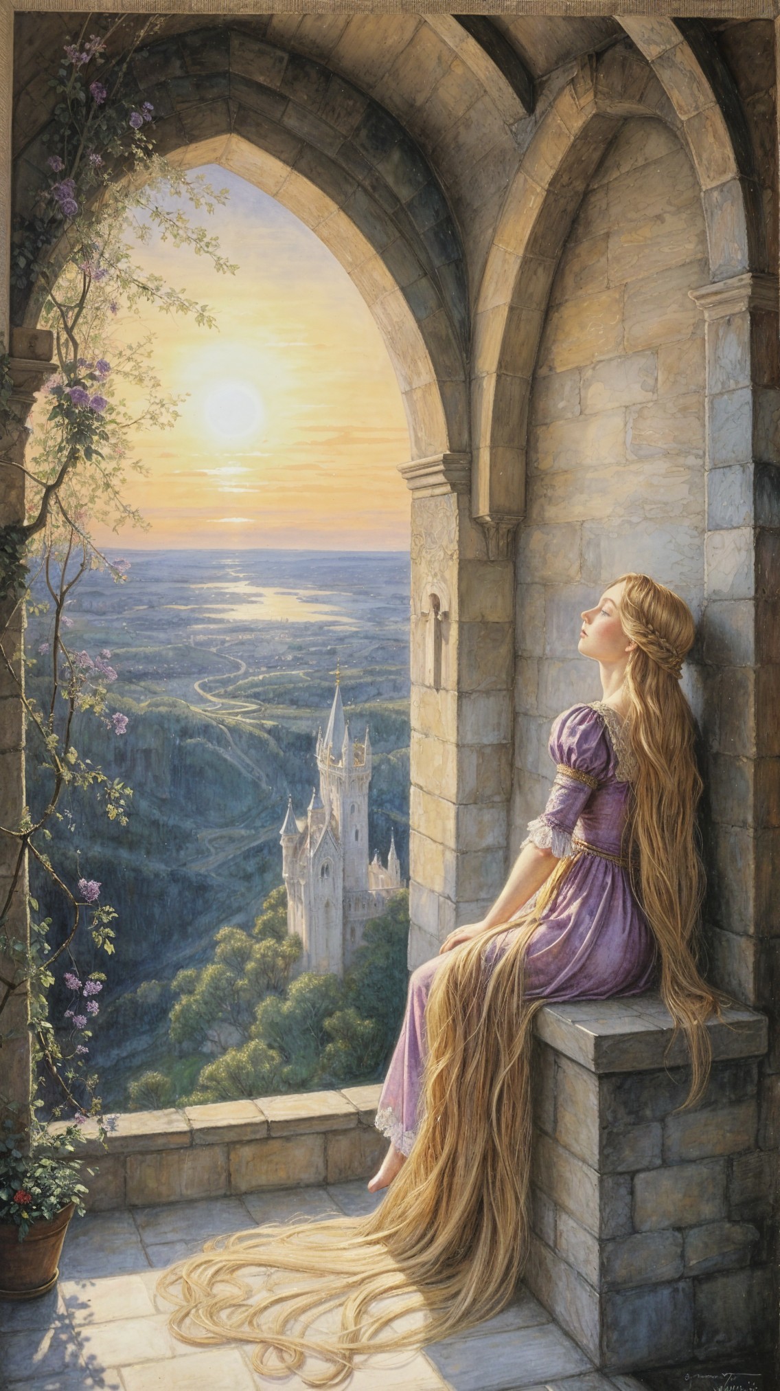 Young Woman in Lavender Gown at Sunset in Castle Tower