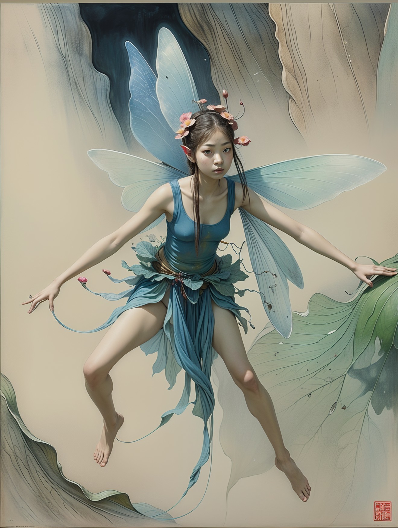 Whimsical Fairy Surrounded by Ethereal Foliage