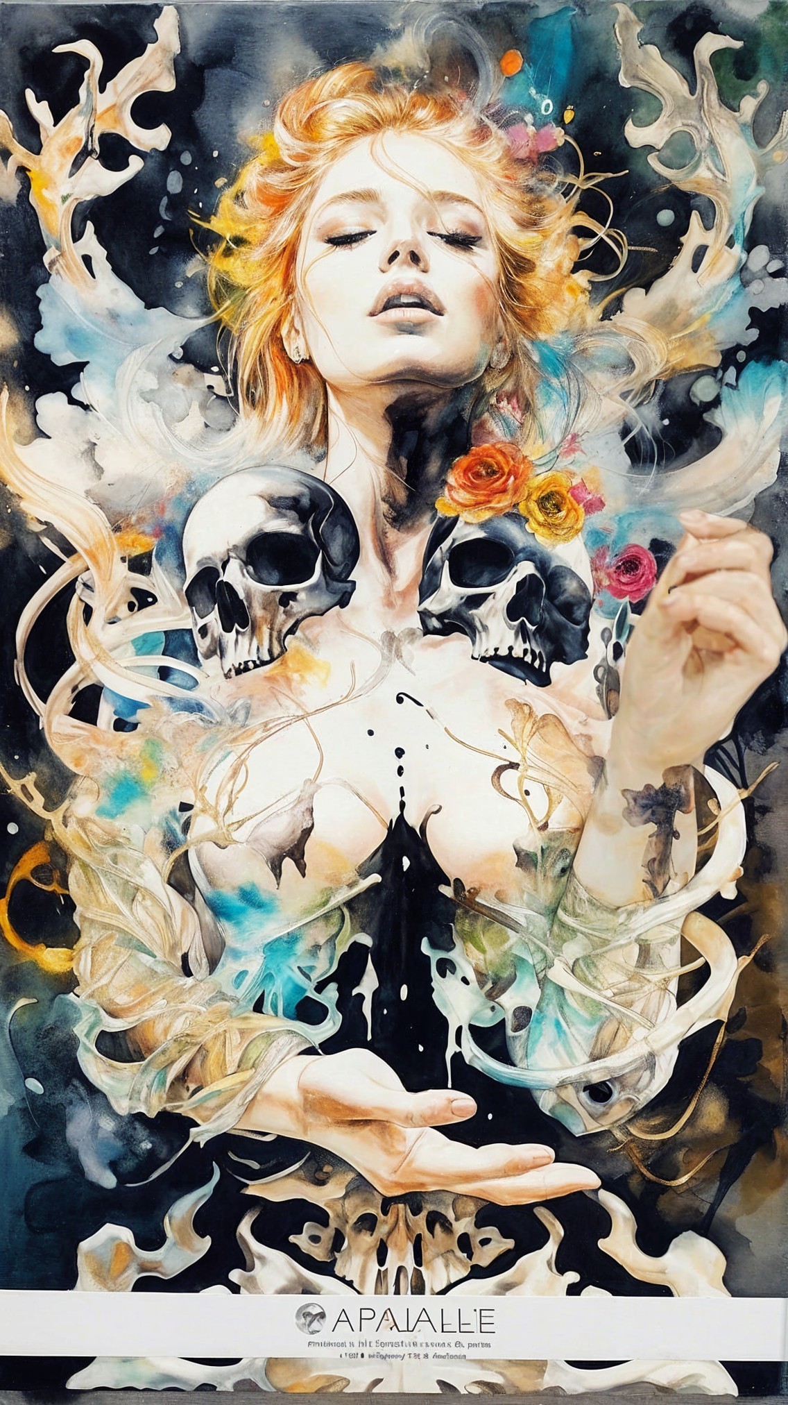 Woman with Flowing Hair and Skulls in Ethereal Colors