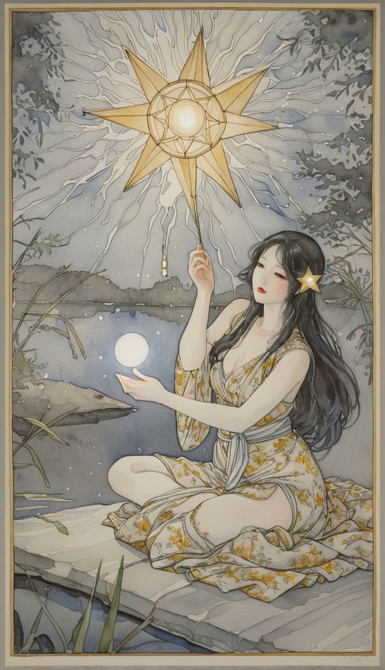 Serene Woman by Tranquil Lake with Celestial Elements