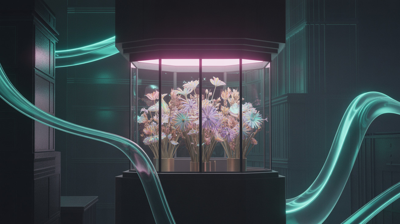 Futuristic Glass Display of Ethereal Flowers in Pink Light